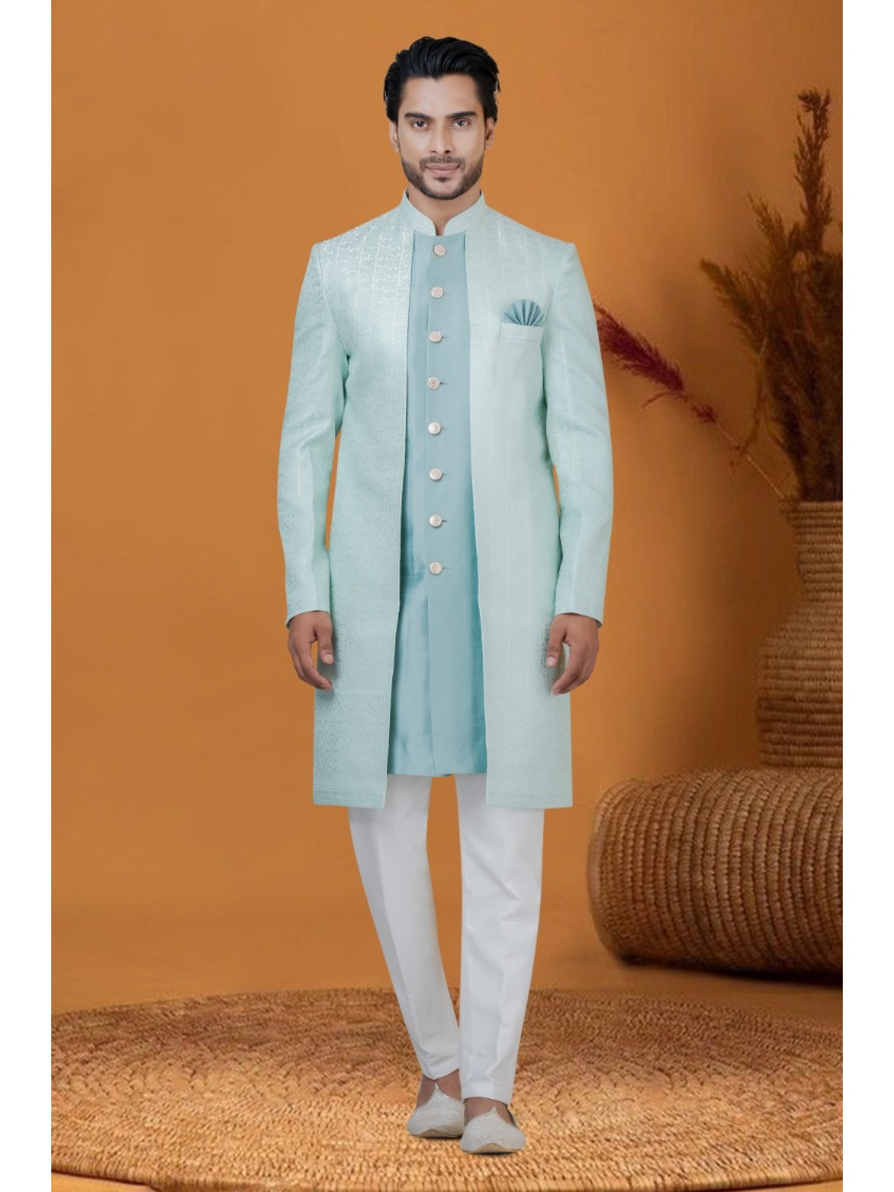 Jacquard IndoWestern Ready Made Dress in Sky Color with Jacquard Work 
