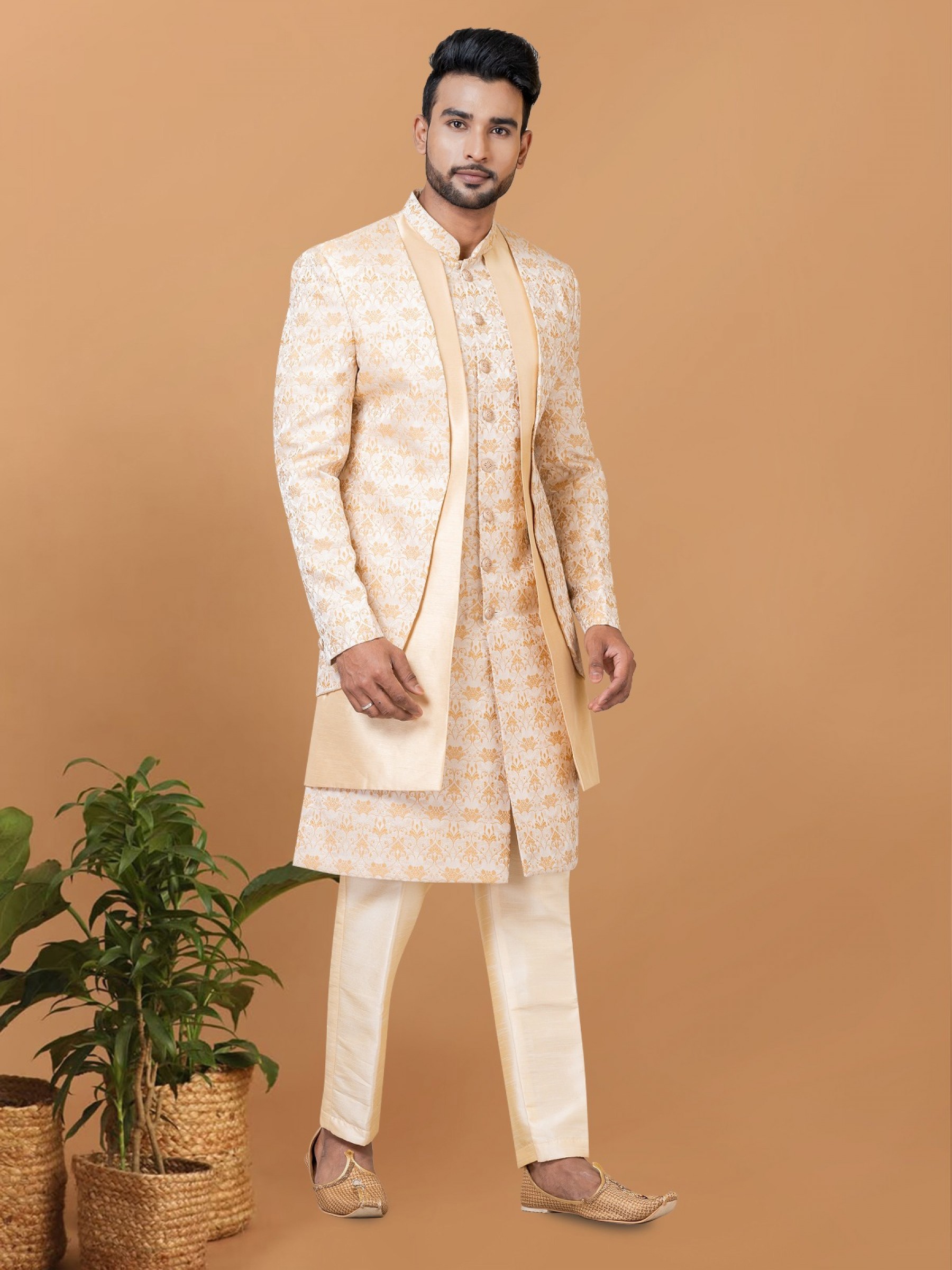 Jacquard IndoWestern Ready Made Dress in Cream & Golden with Jacquard Work 