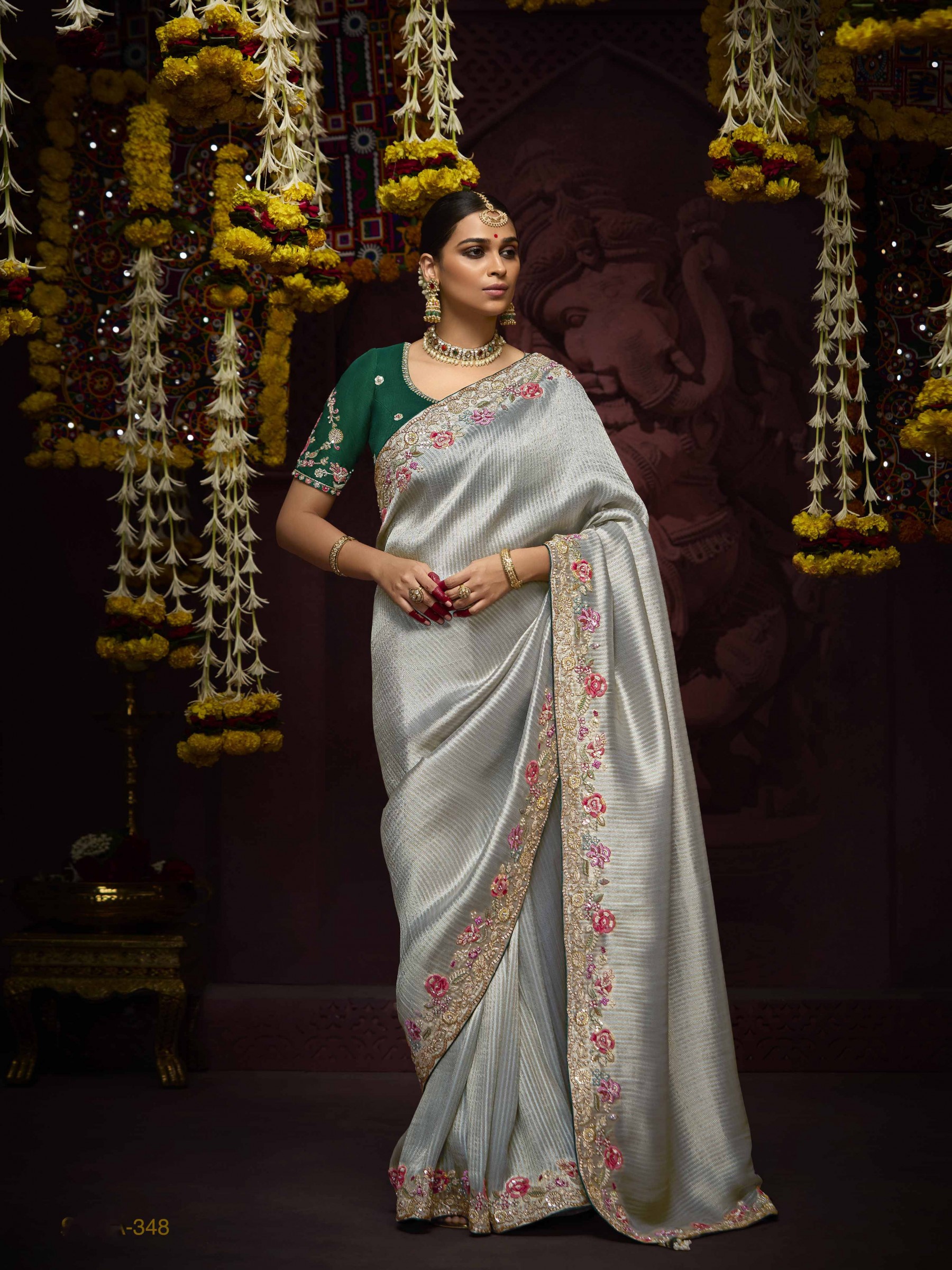 Kanjivaram Silk Wedding Wear Saree Grey Color with Embroidery Work