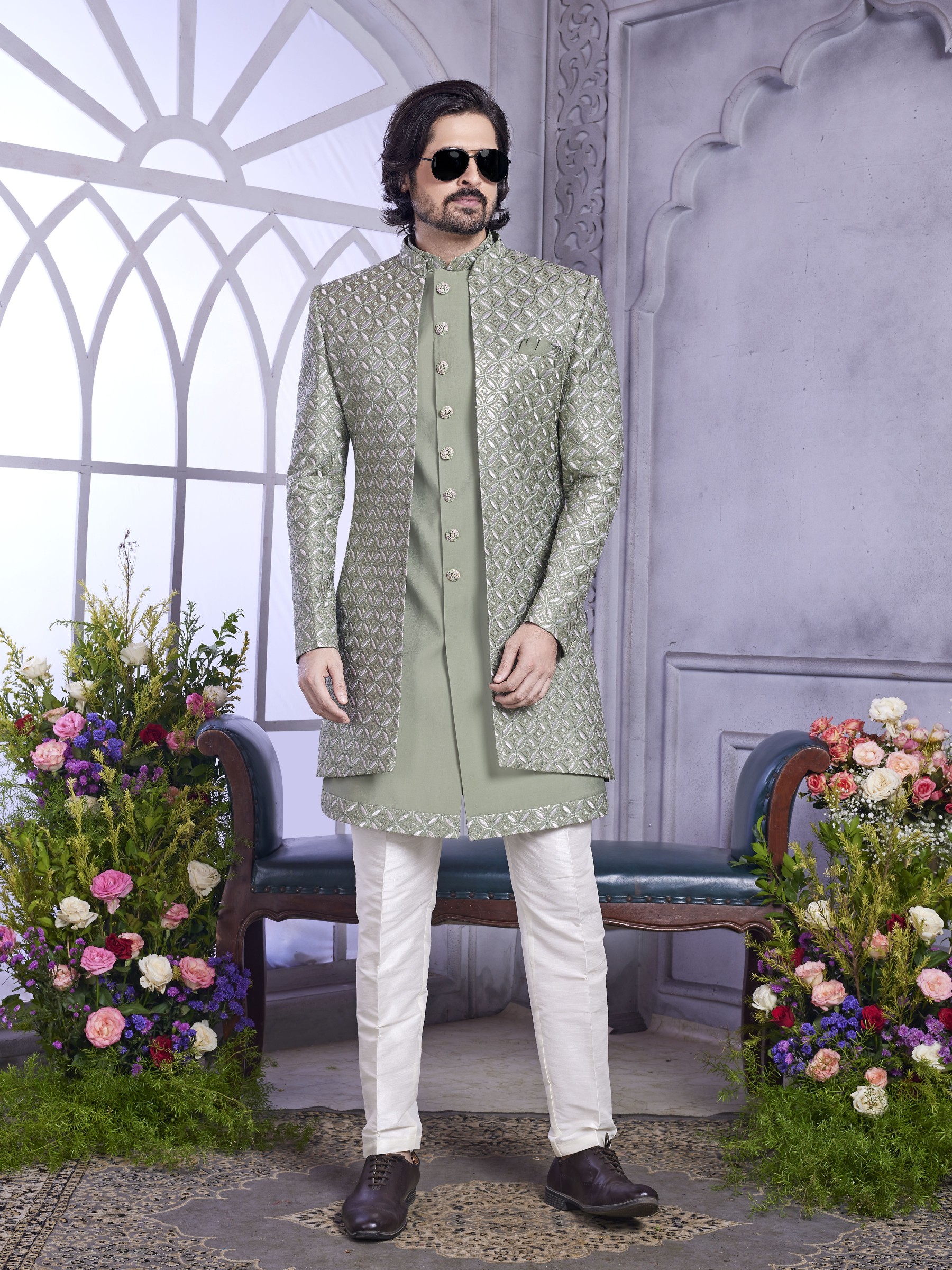 Art Silk Readymade Indowestern in Green Color With Embroidery work 
