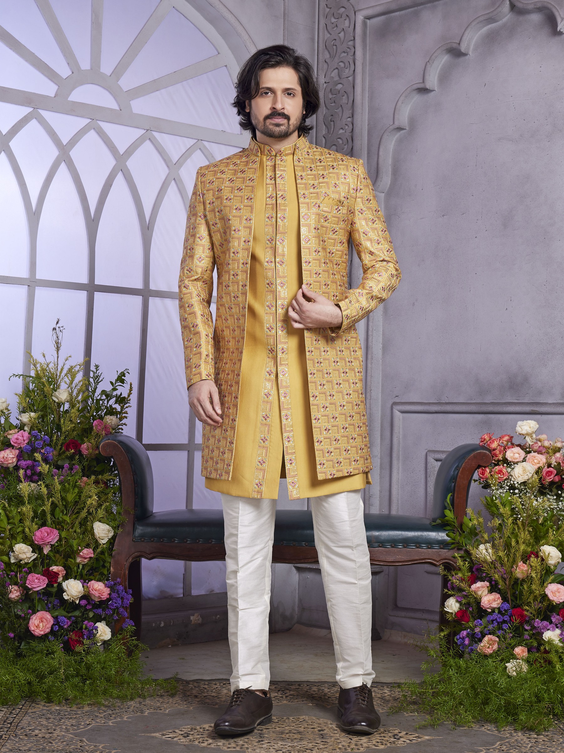 Art Silk Readymade Indowestern in Mustard Color With Embroidery work 