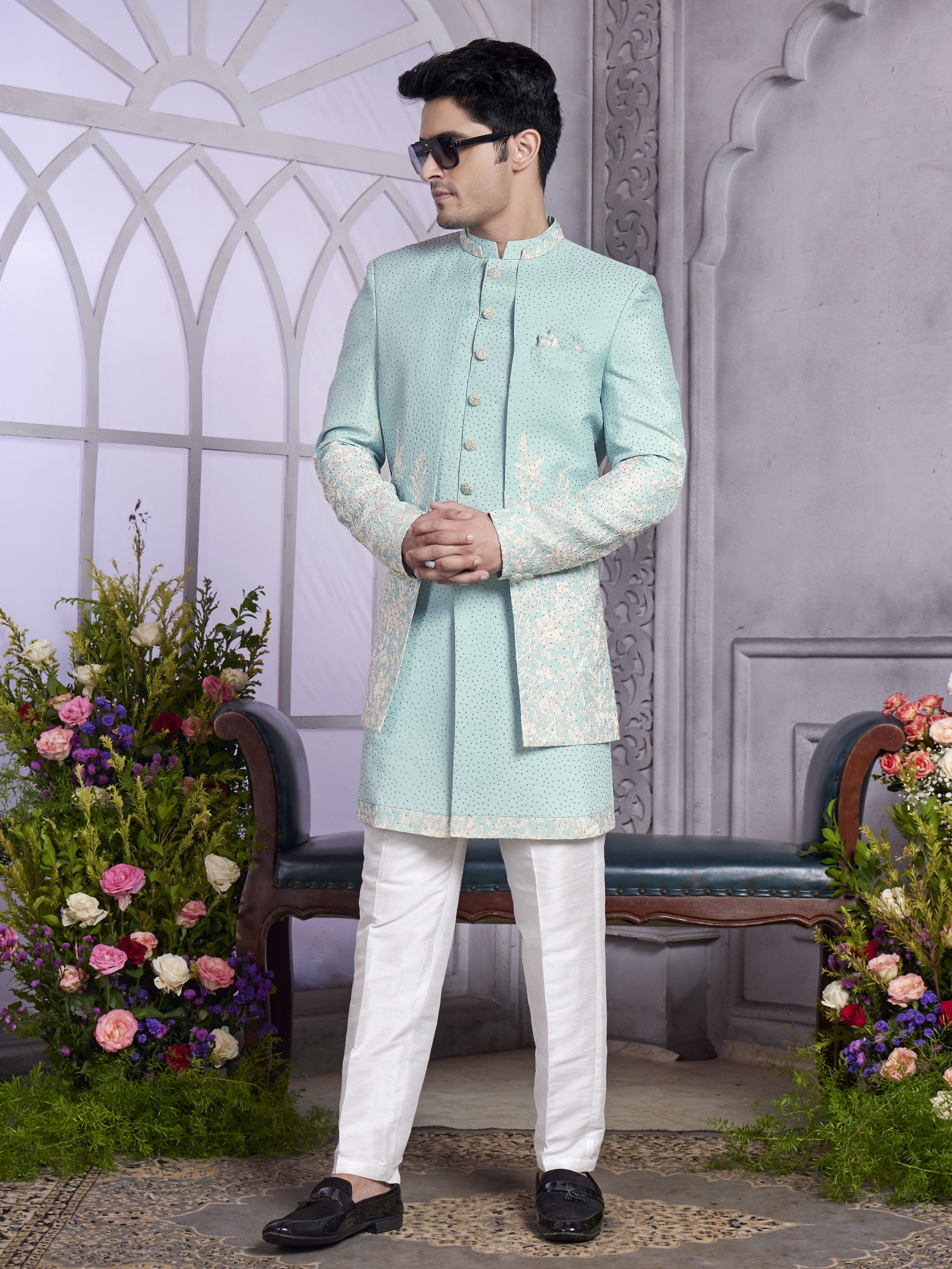 Art Silk Readymade Indowestern in Pista Green Color With Embroidery work 