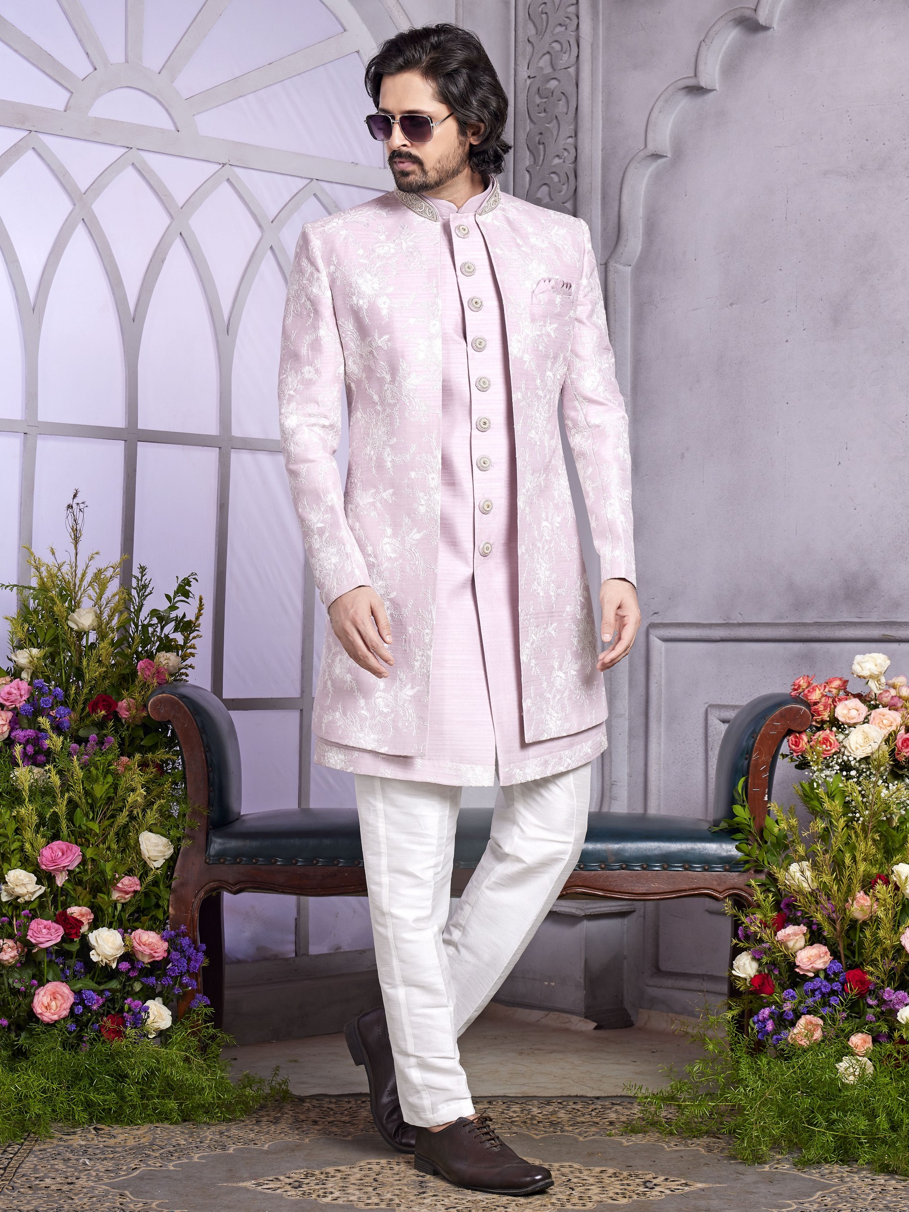 Art Silk Readymade Indowestern in Onion Pink Color With Embroidery work 