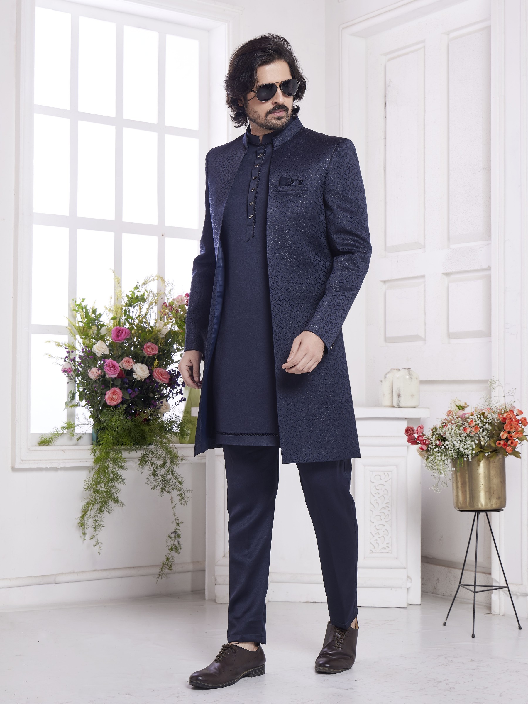 Imported Jaquard Silk Readymade Indowestern in Blue Color 