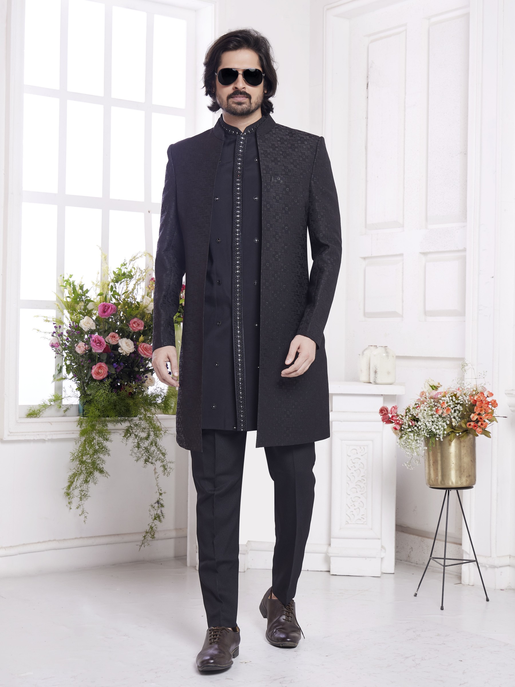 Imported Jaquard Silk Readymade Indowestern in Black Color 