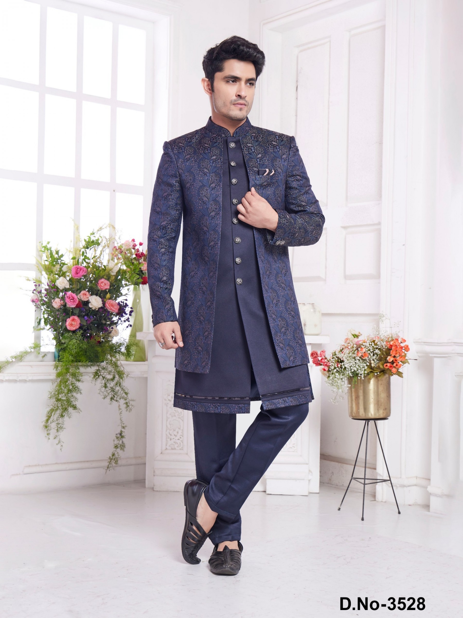 Imported Jaquard Silk Readymade Indowestern in Blue Color 
