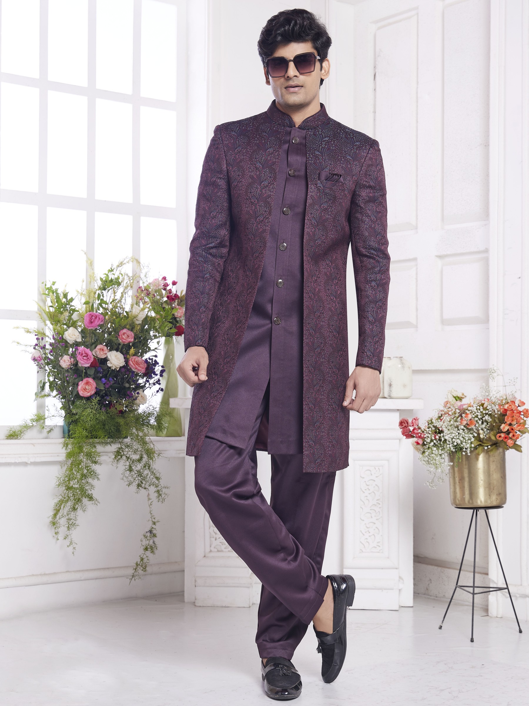 Imported Jaquard Silk Readymade Indowestern in Wine Color 