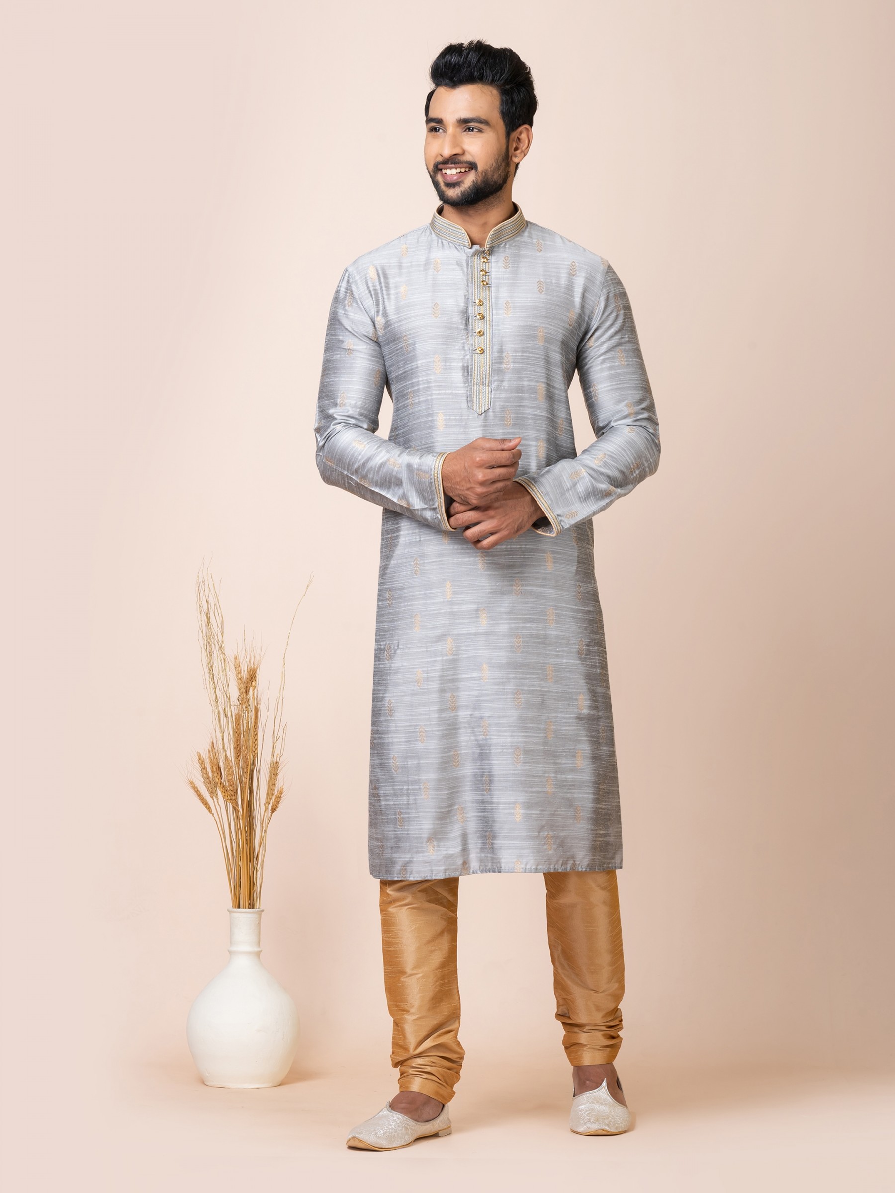 Cotton Jacquard Silk Readymade Kurta in Grey Color 