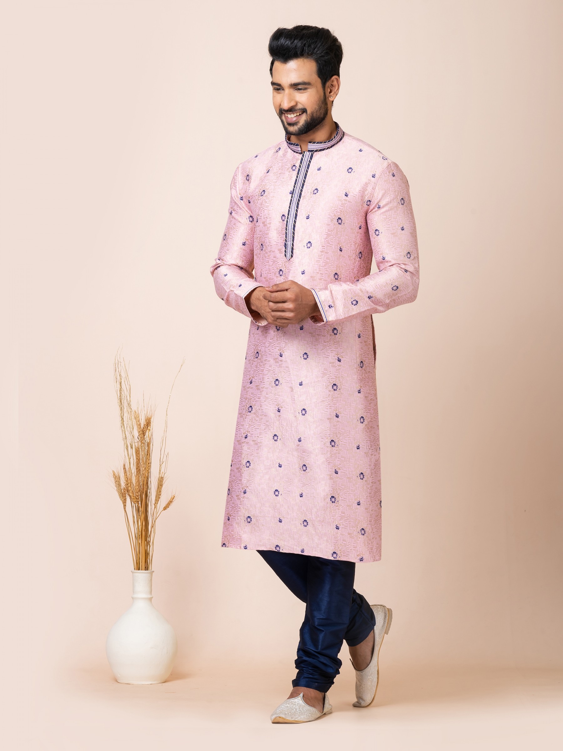 Jacquard Silk Readymade Kurta in Pink Color 