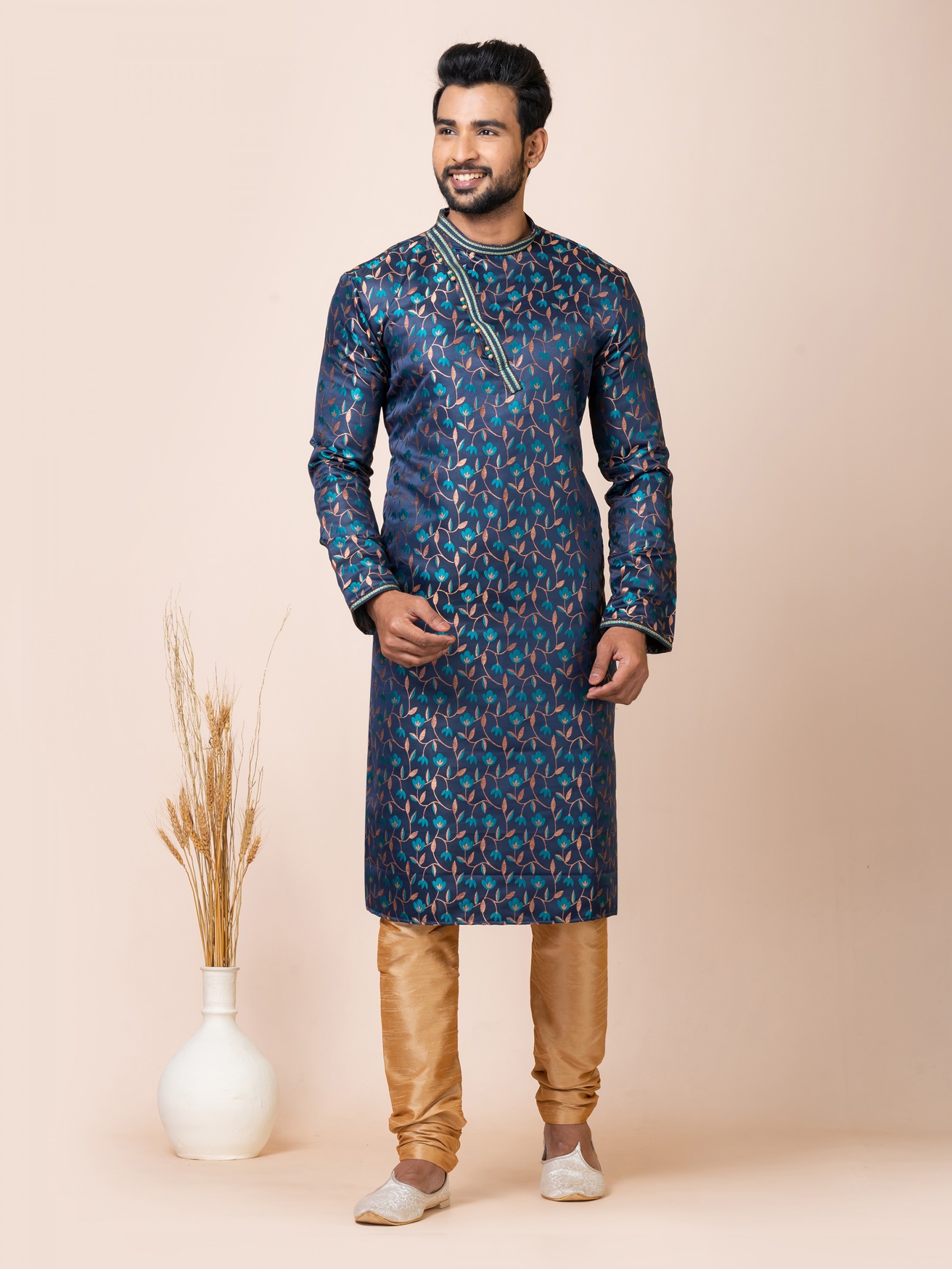 Jacquard Silk Readymade Kurta in Navy Blue Color 