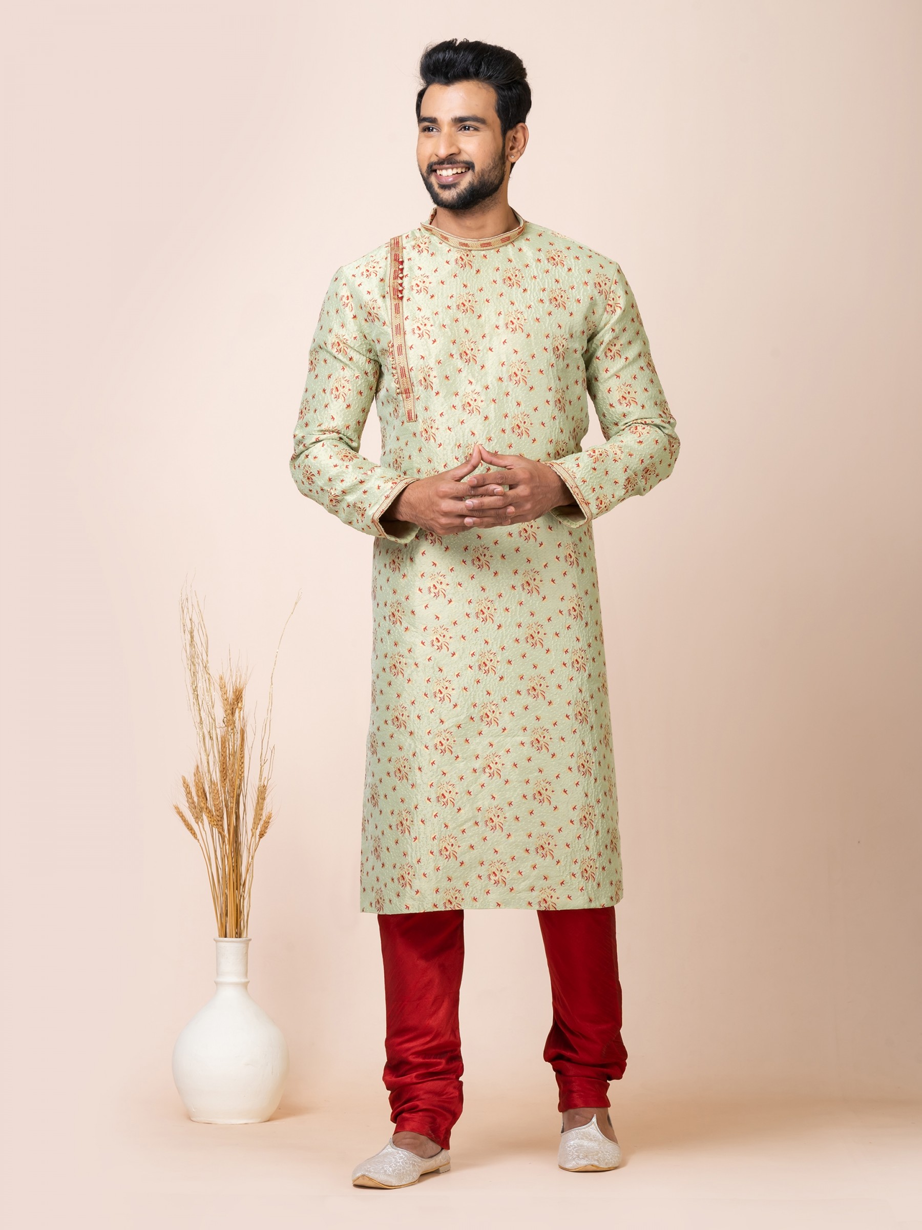 Jacquard Silk Readymade Kurta in Mint Green Color 