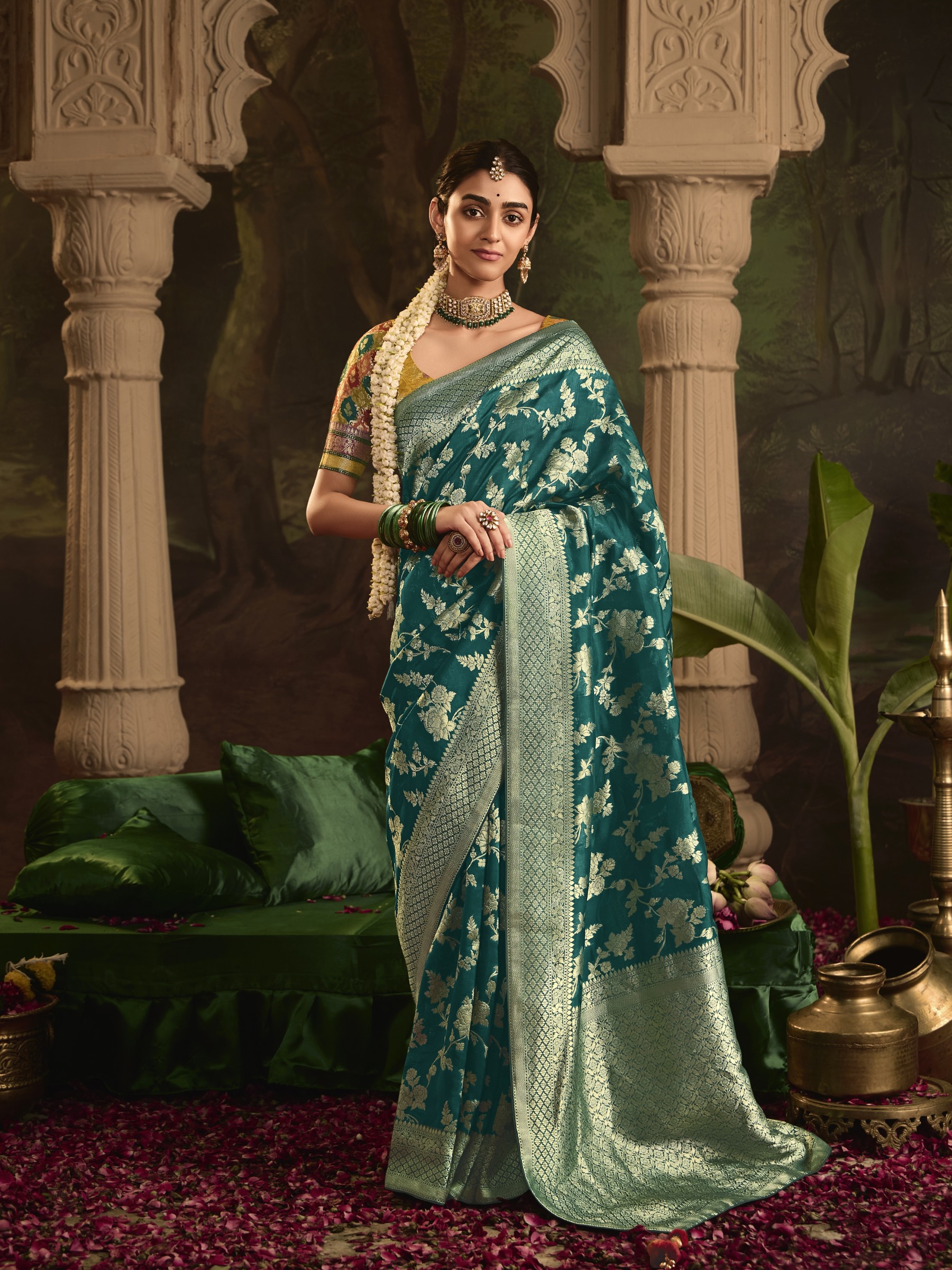 Pure Crape Dola Silk Wedding Wear Teal Color 