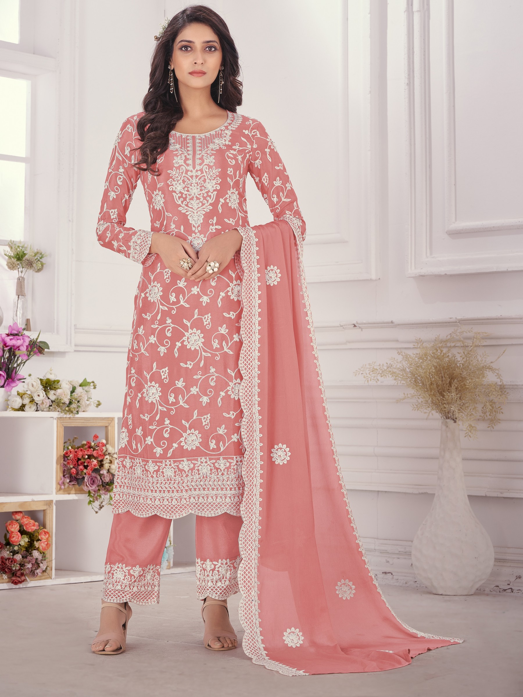 Chinon Fabrics Party Wear Suit In Peach Color With Embroidery Work