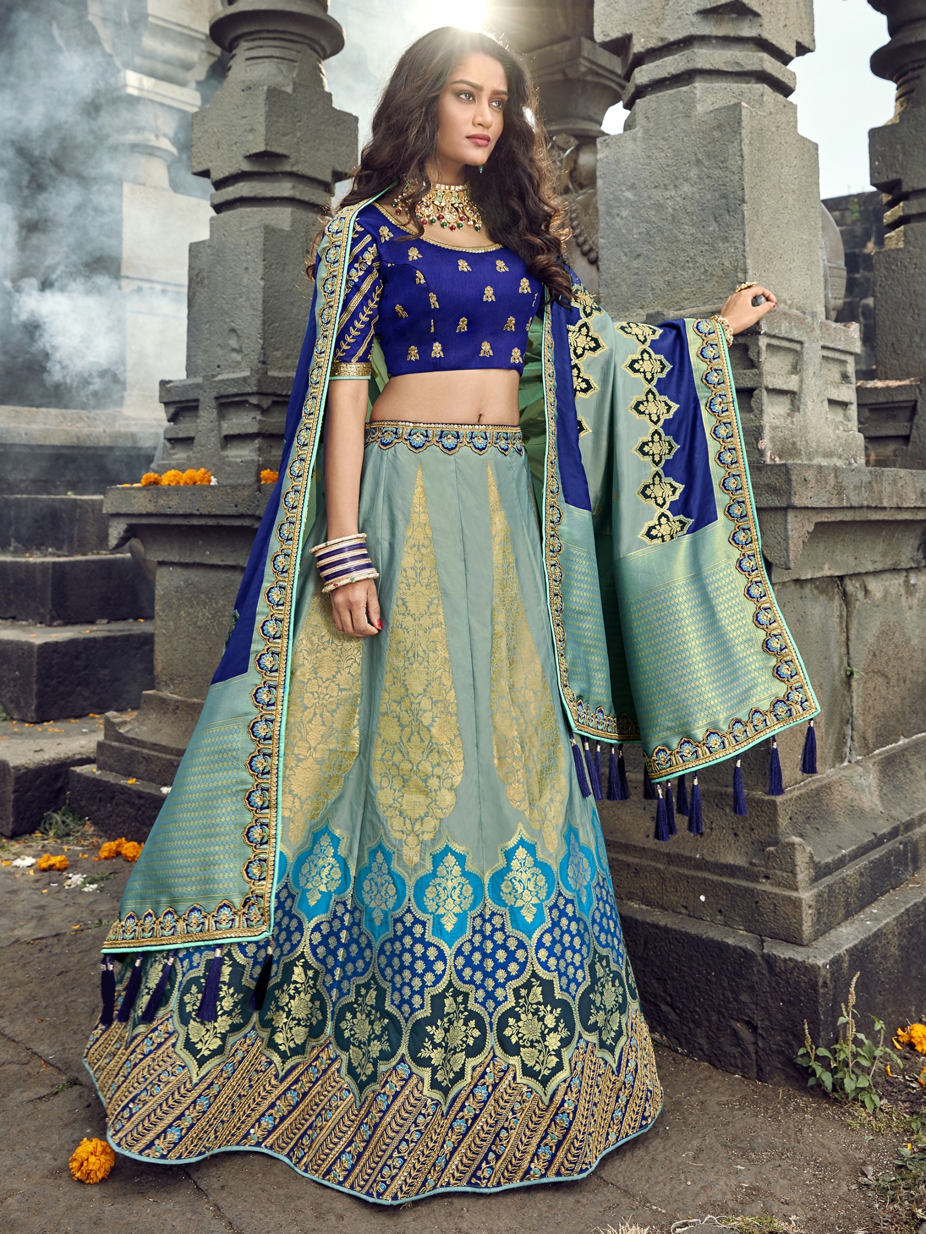Pure Banarasi Silk Wedding Lehenga in Blue & Grey  With Embroidery  work