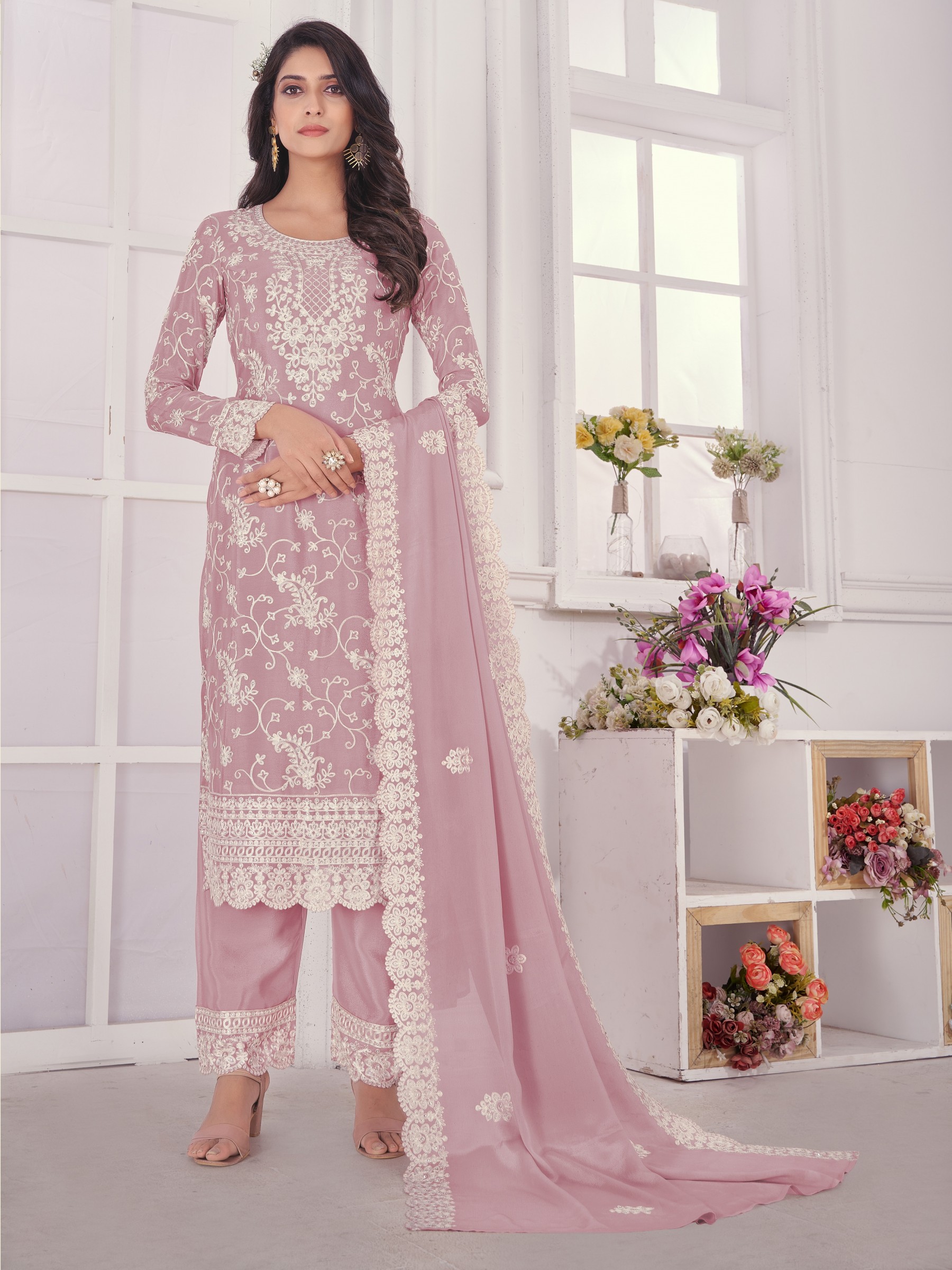 Chinon Fabrics Party Wear Suit In Purple Color With Embroidery Work