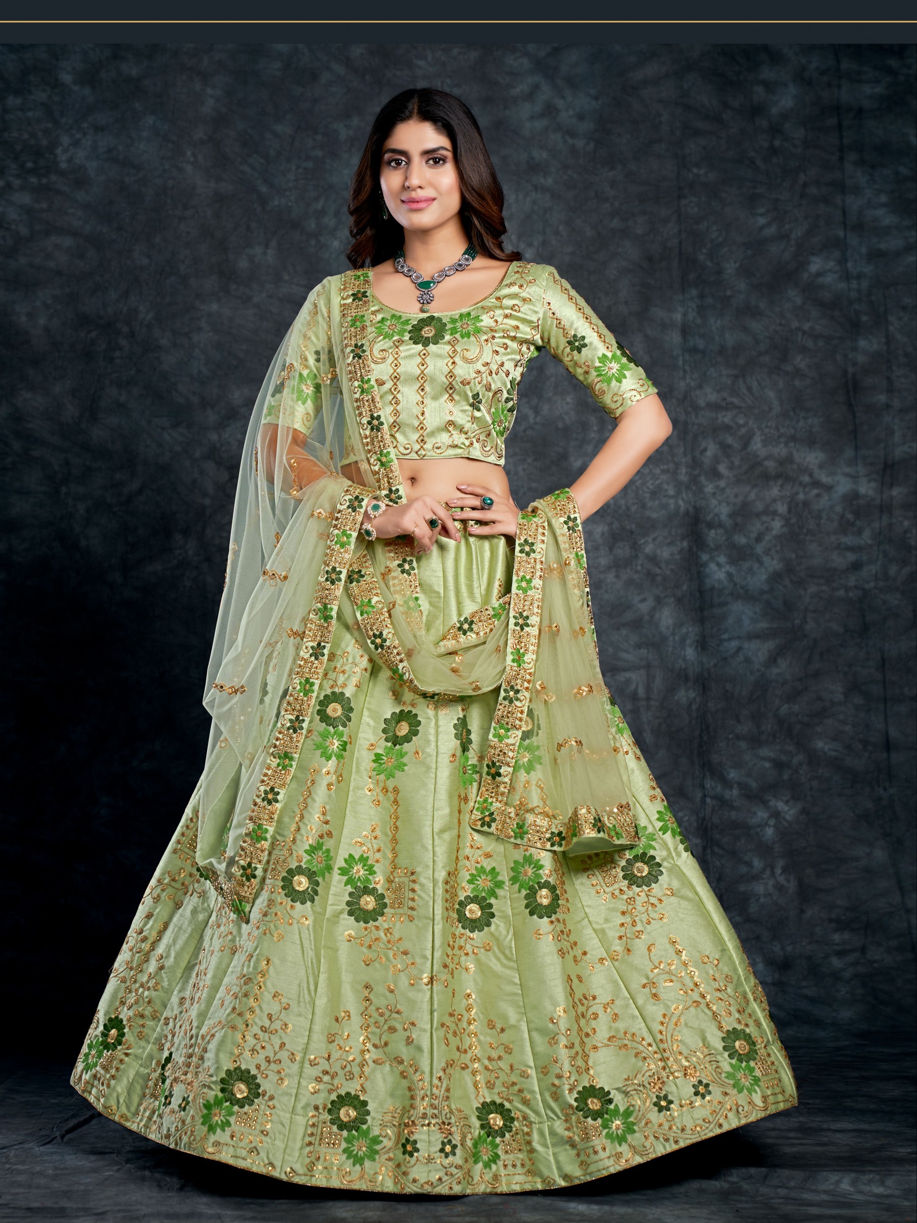 Italian Silk  Fabrics Party Wear  Lehenga in Light Green Color With Embroidery Work