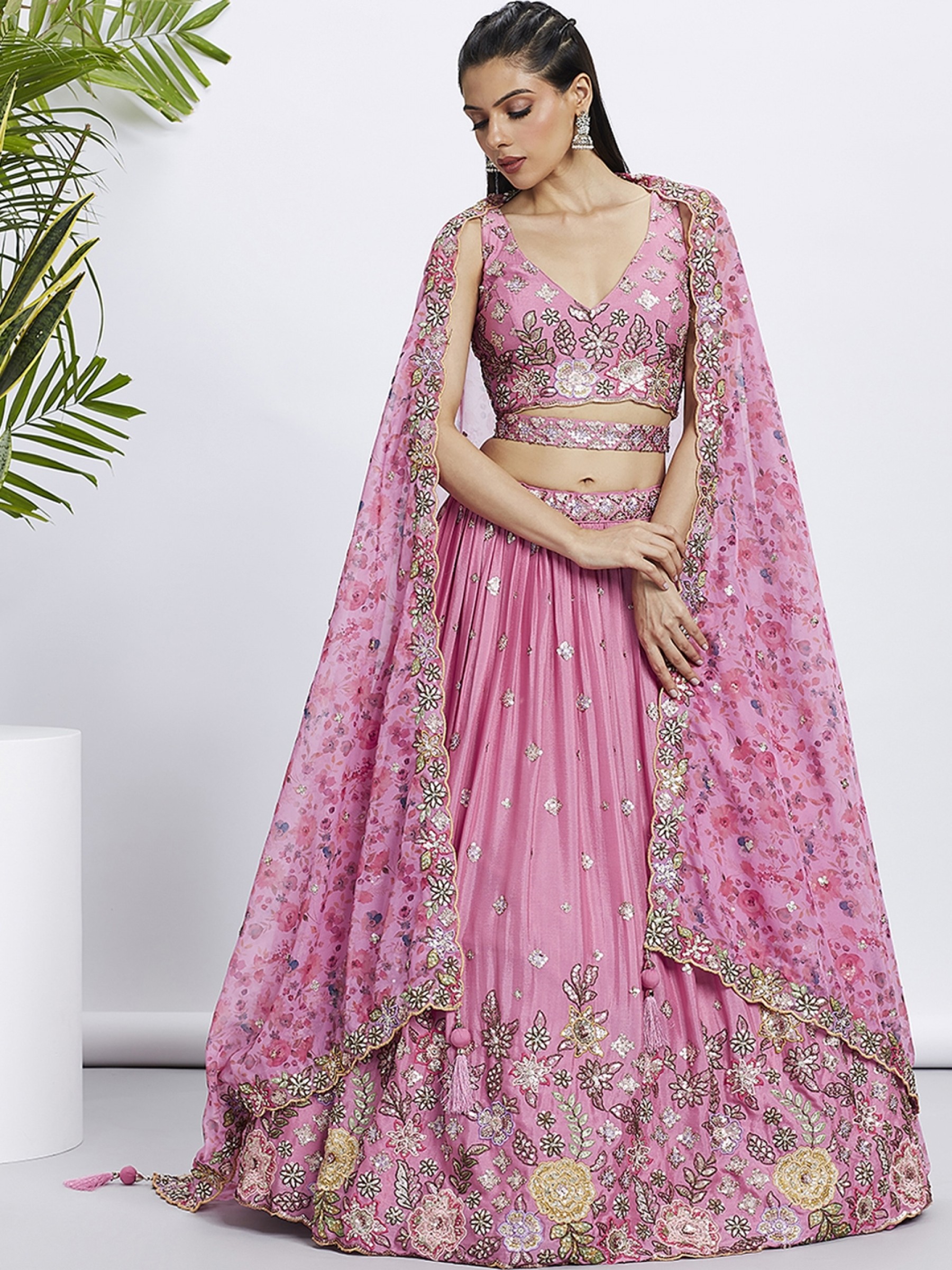 Pure Chiffon Lehenga In Pink Color With Embroidery Work & Sequence Work  