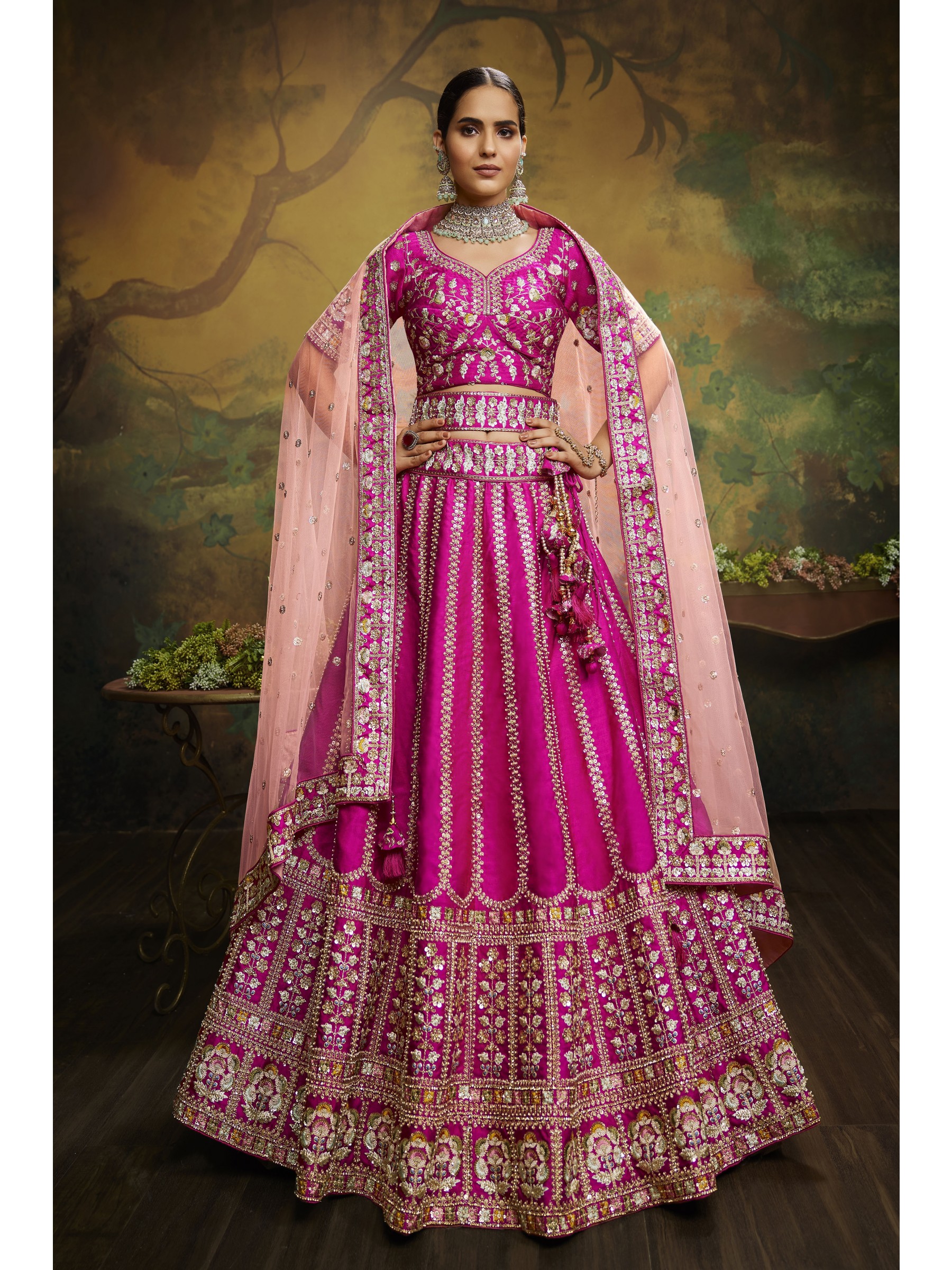 Pure Silk Wedding Wear Wear Lehenga In Pink Color With Embroidery Work 