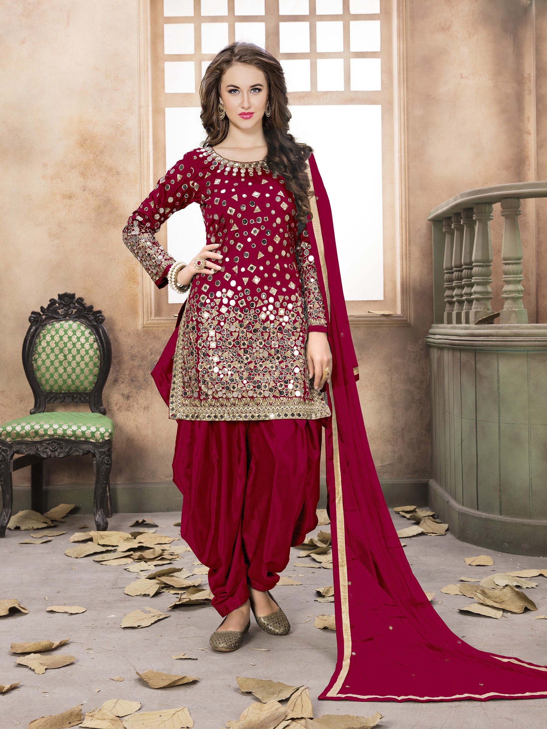 Satin Silk Party Wear Salwar Suit In Red Embroidered Work,Stone ,Mirror work