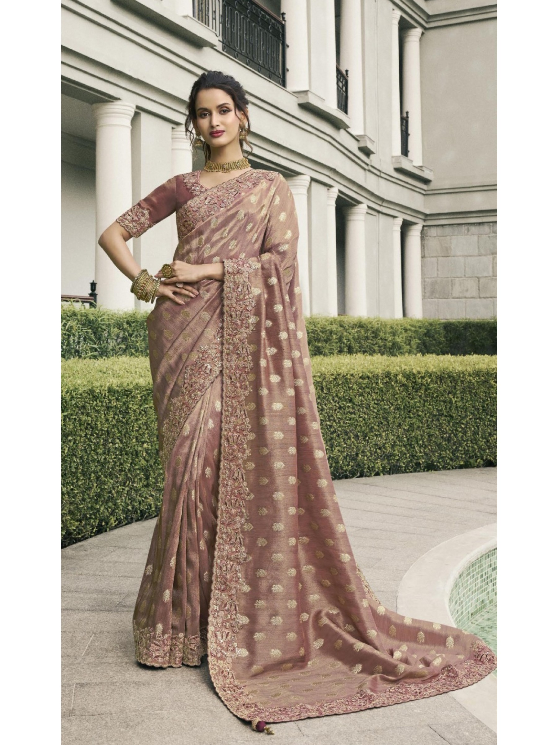 Pure Tissue Silk Wedding wear Beige Color With Embroidery Work