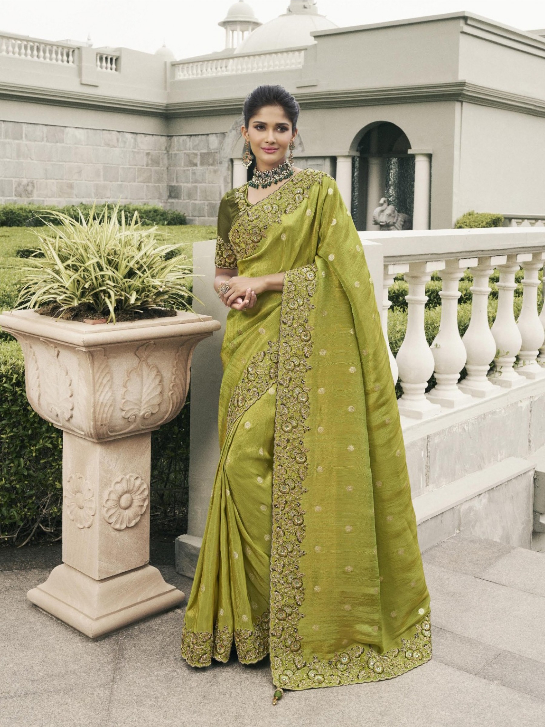 Pure Tissue Silk Wedding wear Lemon Green Color With Embroidery Work