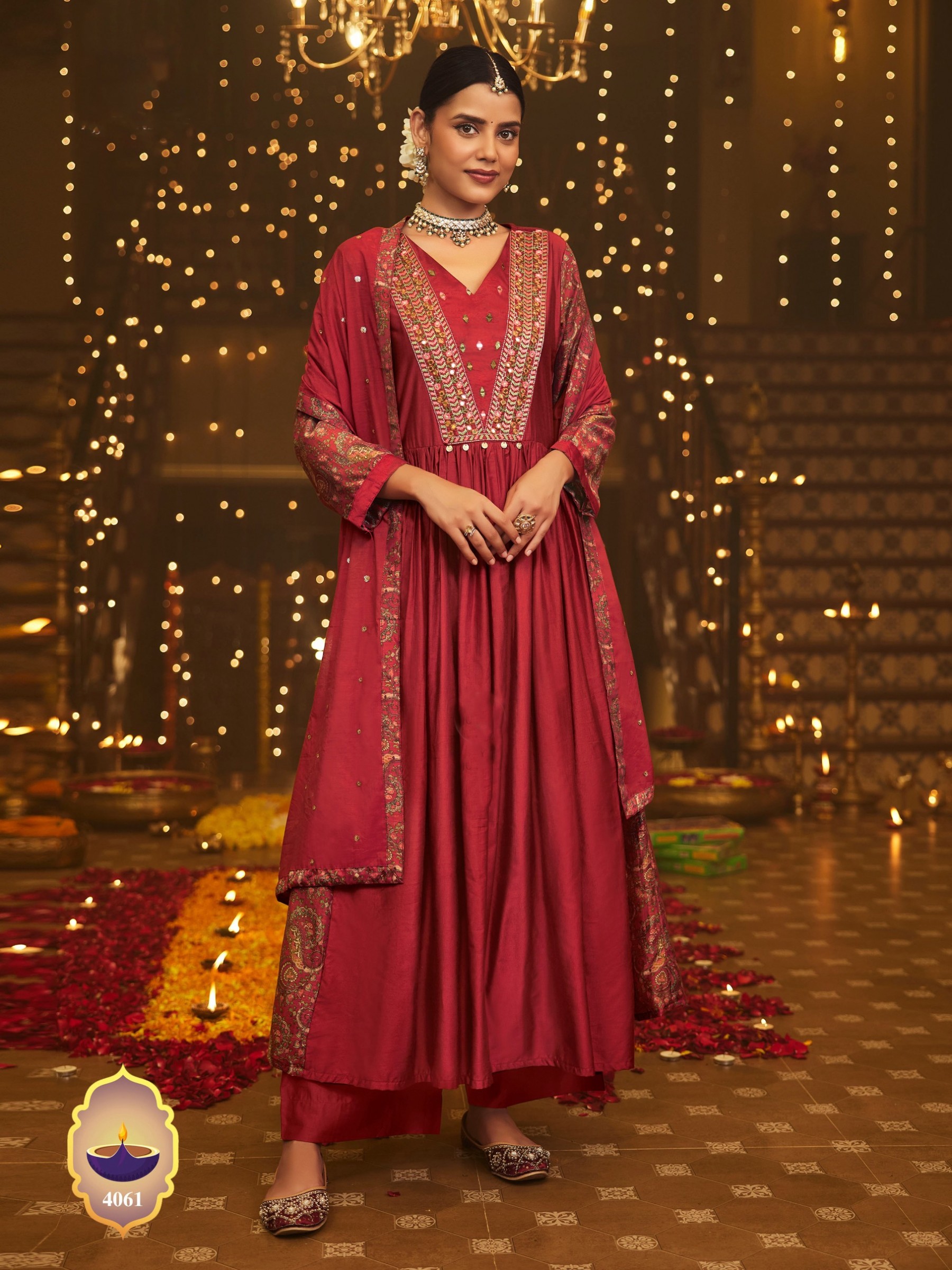 Pure Viscose Silk Party Wear Suit In Red Color With Embroidery Work 
