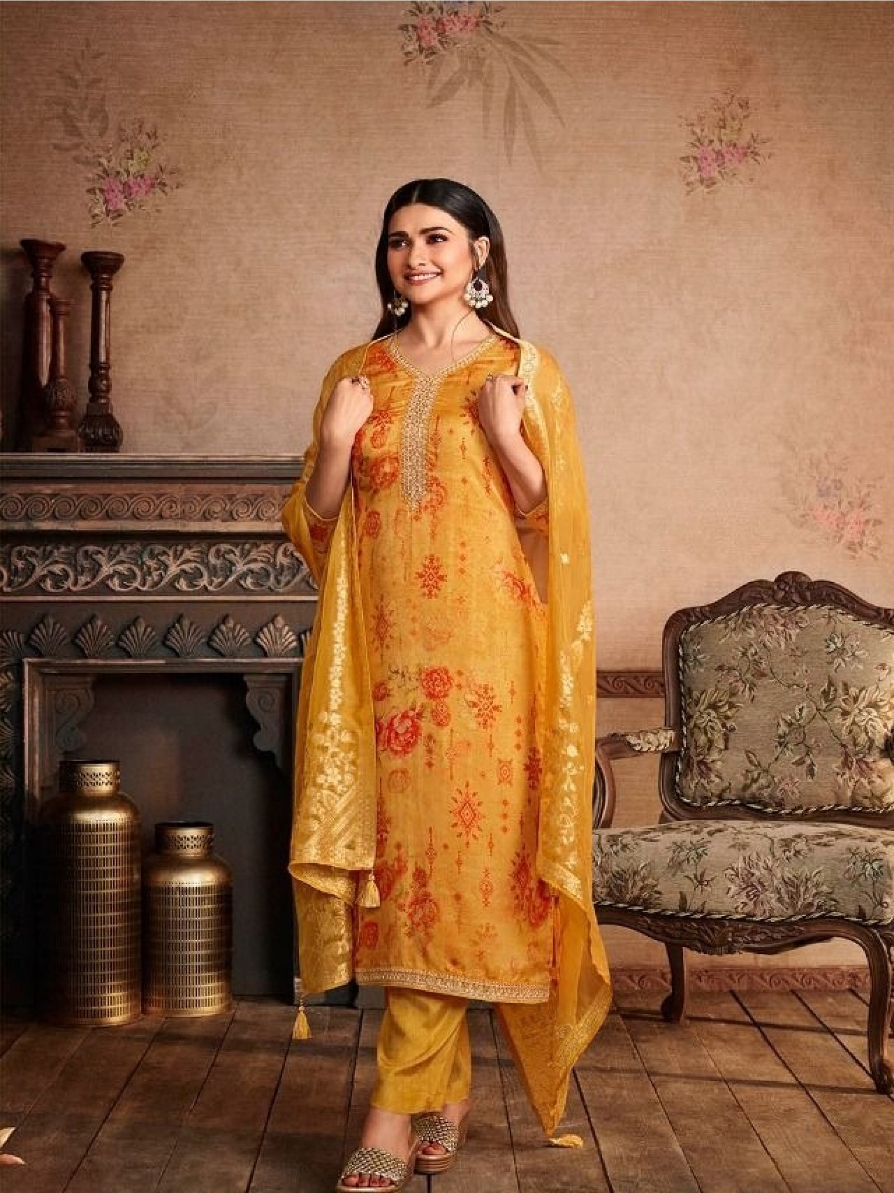 Heavy Organza Party Wear Suit In Yellow Color With Embroidery Work 