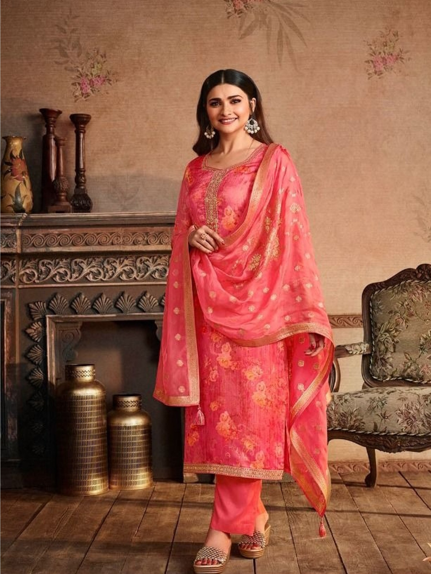 Heavy Organza Party Wear Suit In Pink Color With Embroidery Work 