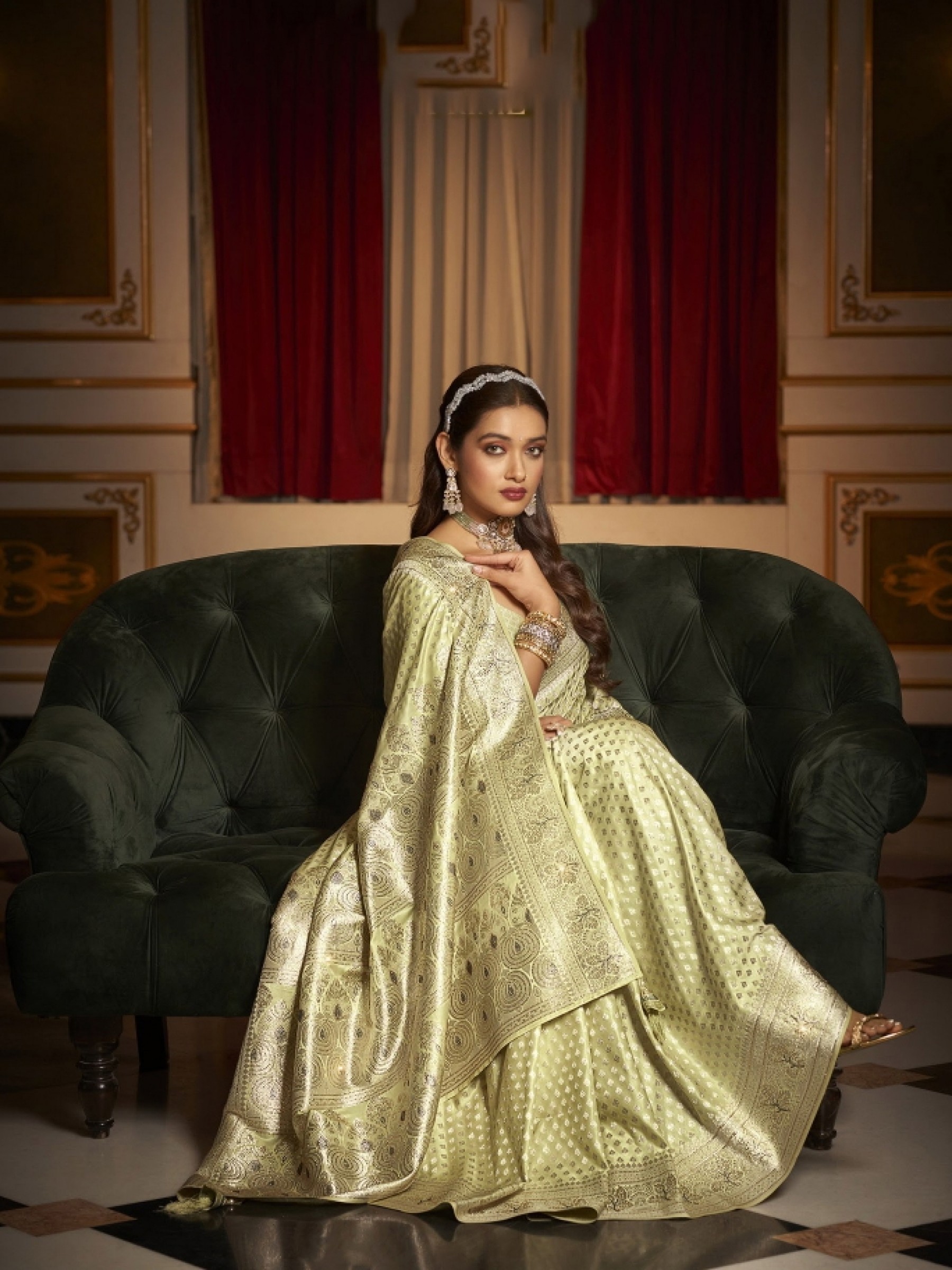 Fancy Silk Fabric Party wear Saree In Light Green color with Swaroskvi Work 