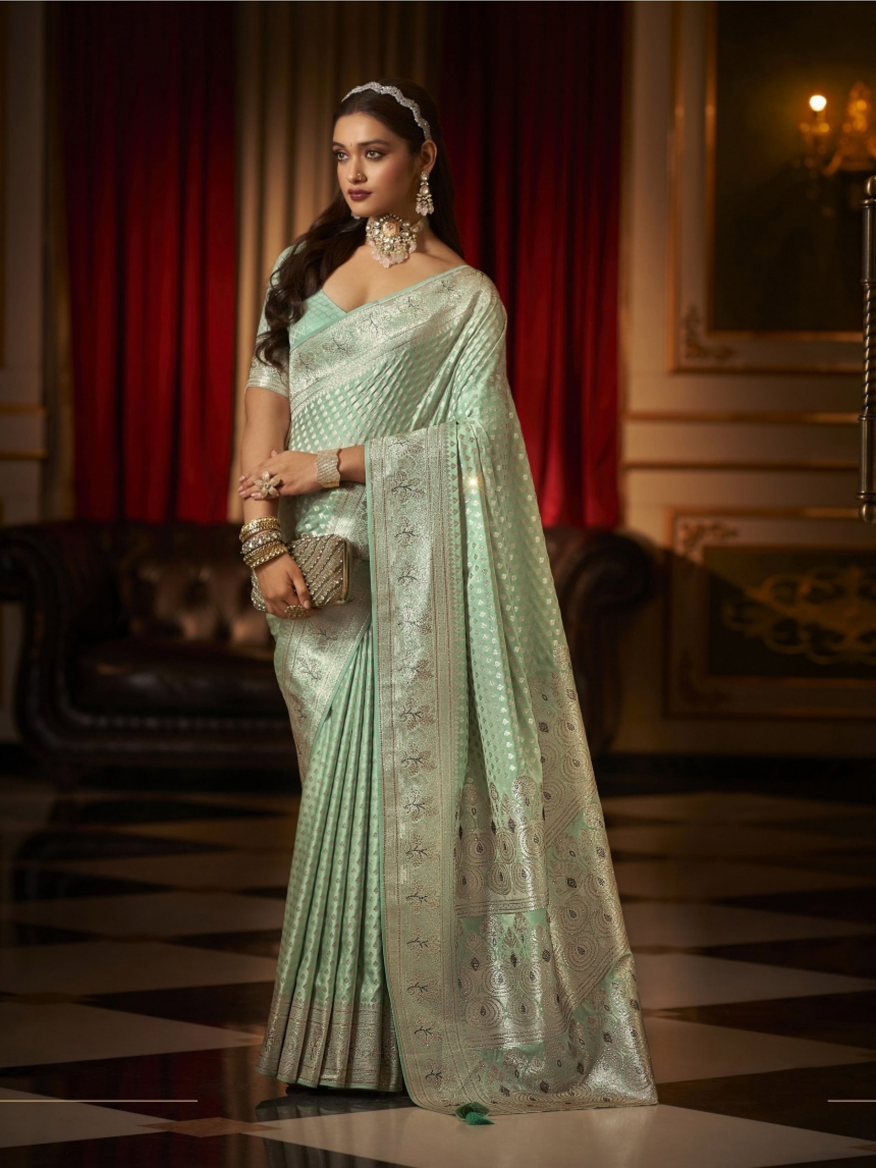 Fancy Silk Fabric Party wear Saree In Light Green color with Swaroskvi Work 
