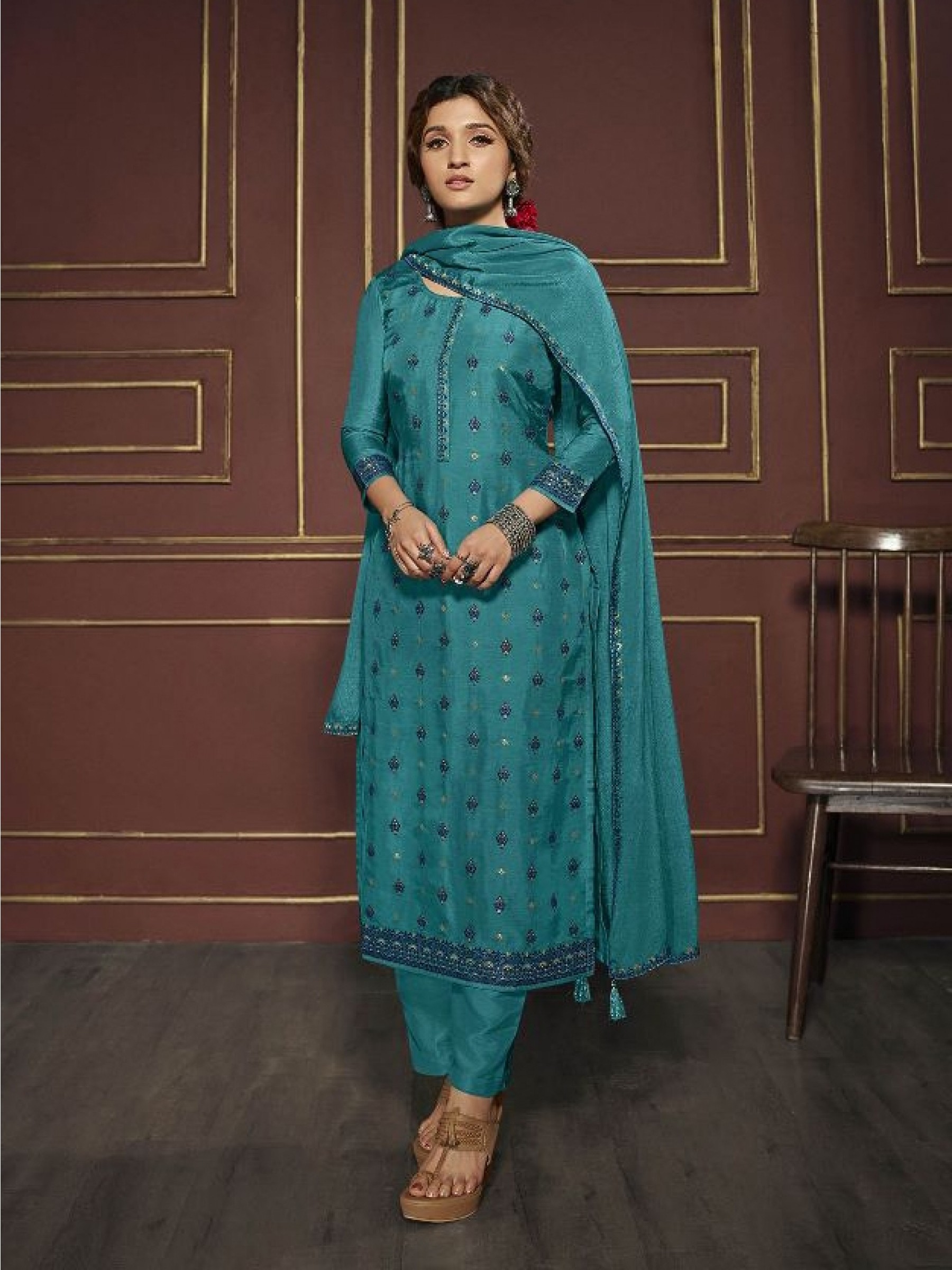 Pure Dola  Silk Party Wear Suit in Teal Blue Color with Embroidery Work