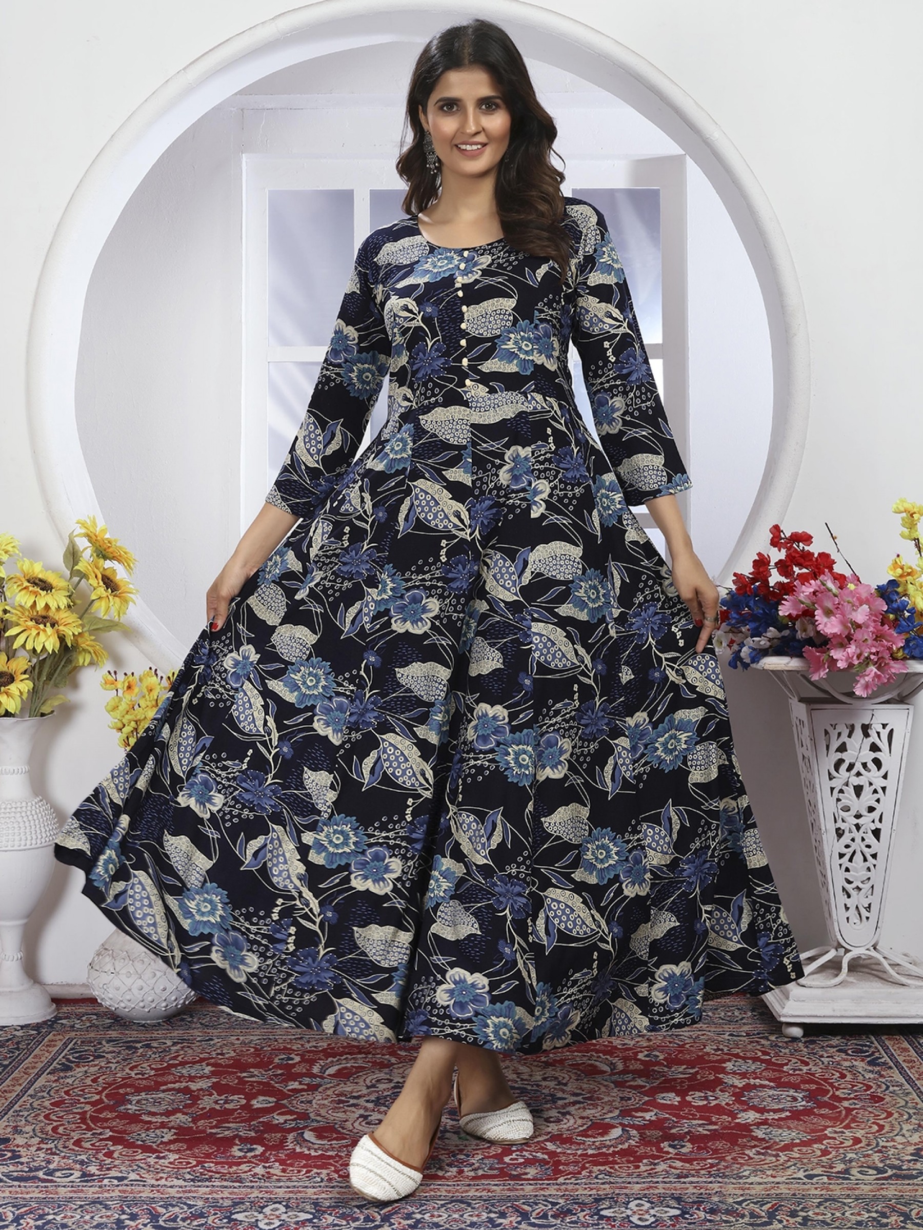 Rayon Silk Party Wear Salwar Suit in Navy Blue Color   