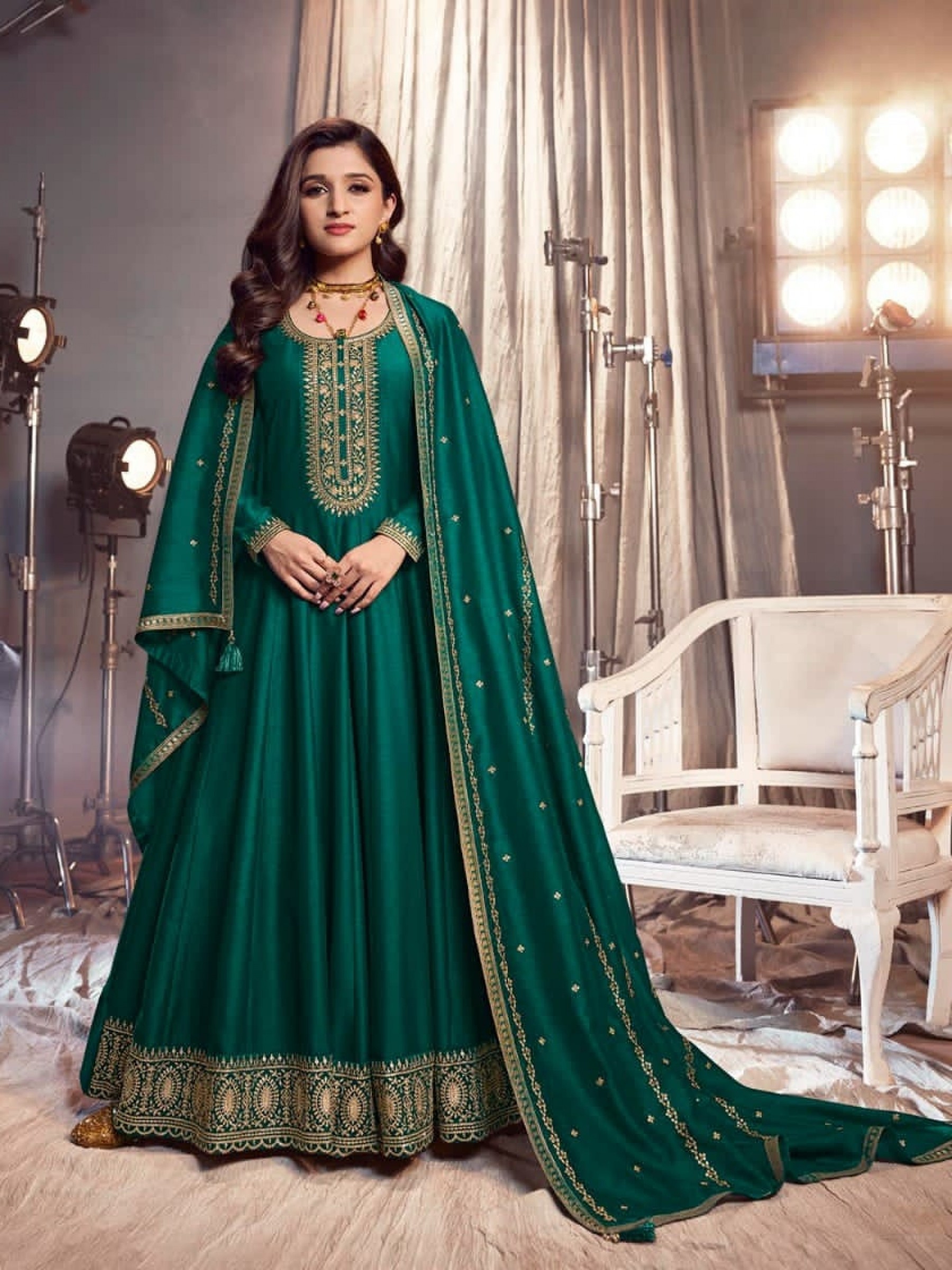 Georgette Silk Party Wear Gown Green Color with Embroidery Work