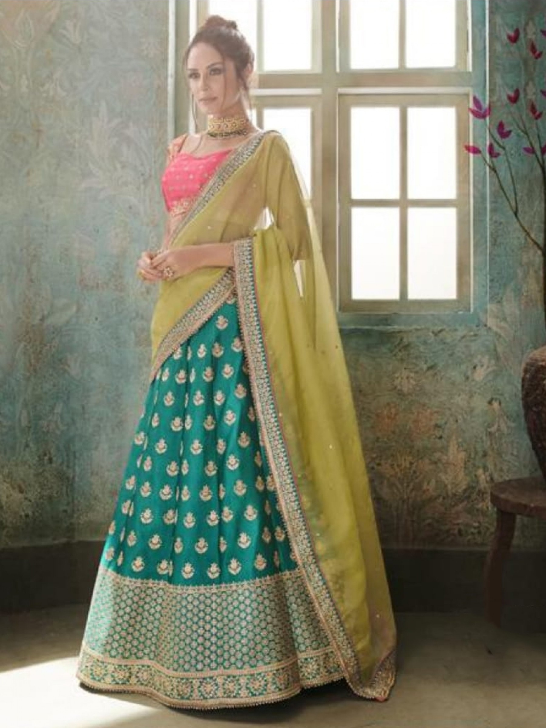 Pure Satin Silk Party Wear Lehenga In Green WIth Embroidery & Crystals Stone Work 