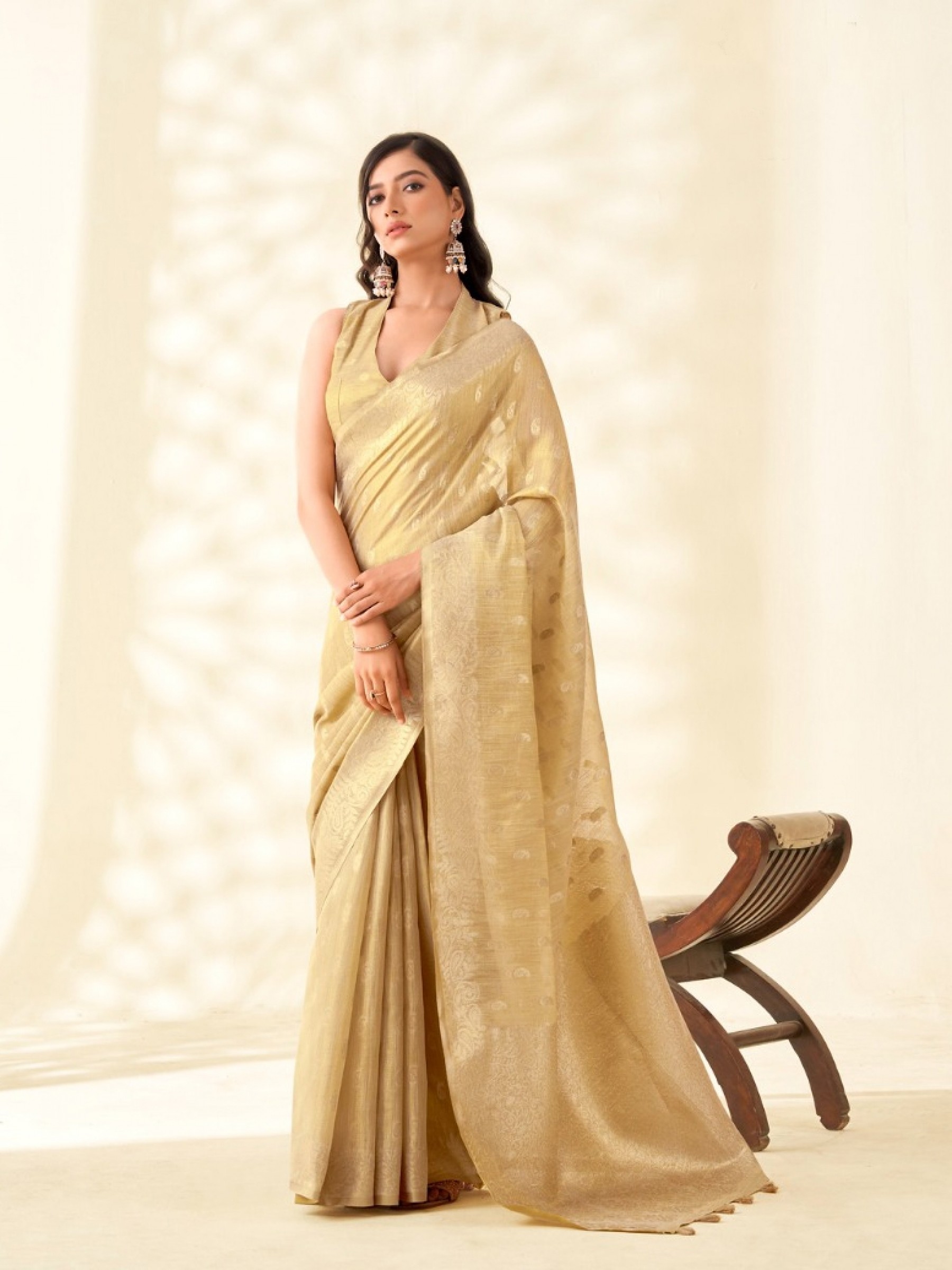 Pure Tissue Silk Party wear Saree In Golden Color with Zari Butii Weaving Work 