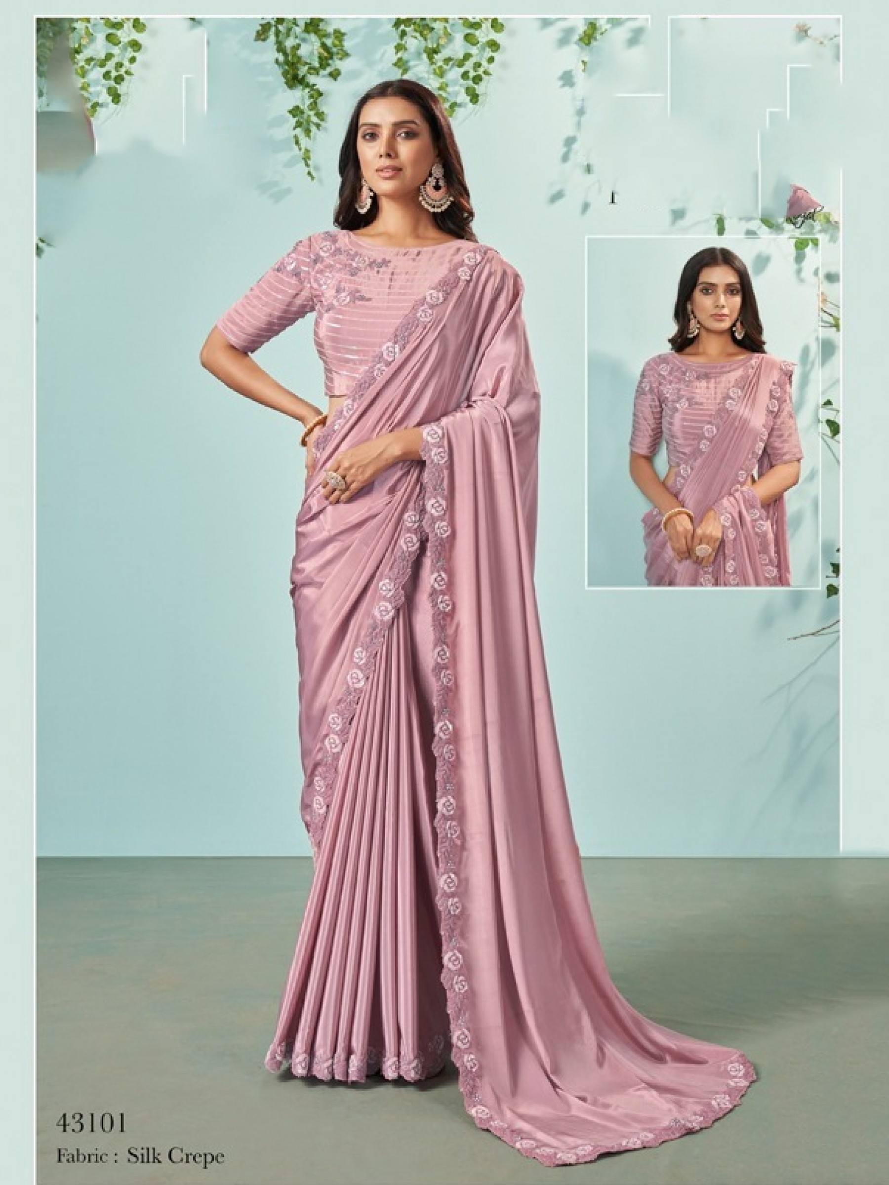 Silk Crape Saree In Pink Color With Embroidery Work