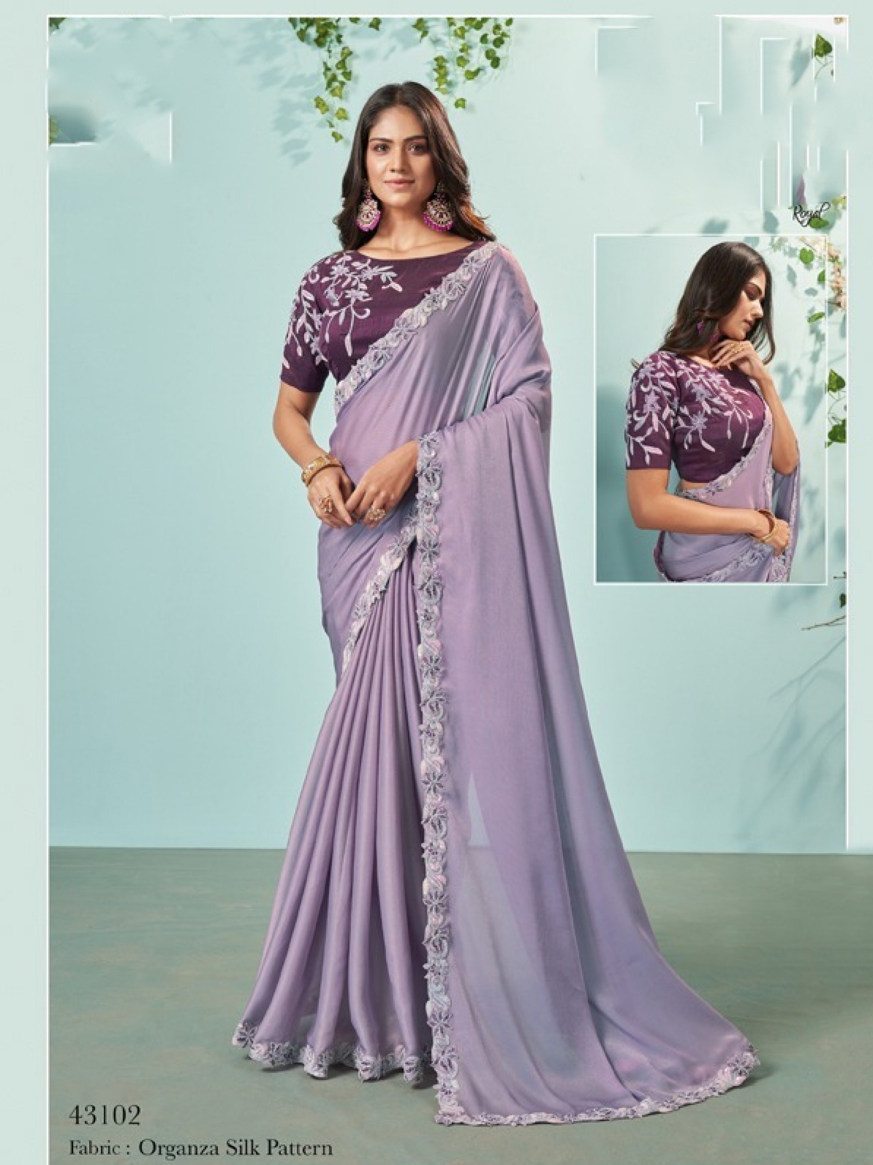 Organza Silk  Saree In Purple Color With Embroidery Work