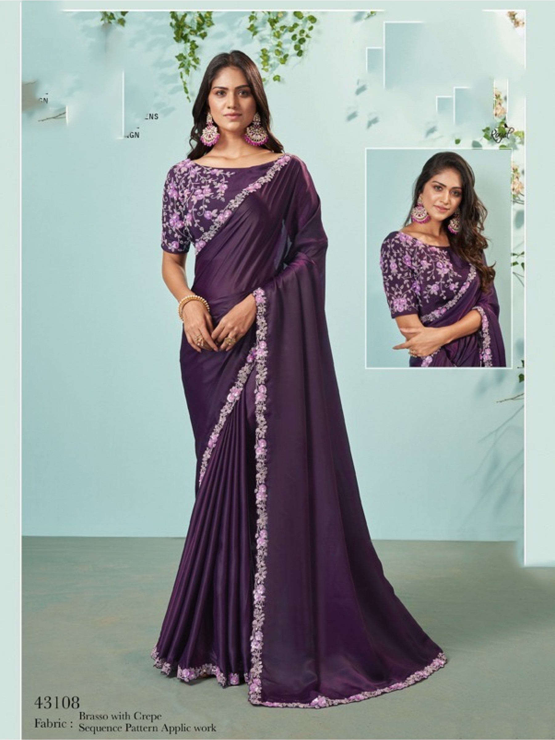 Silk Crape Saree In Purple Color With Embroidery Work
