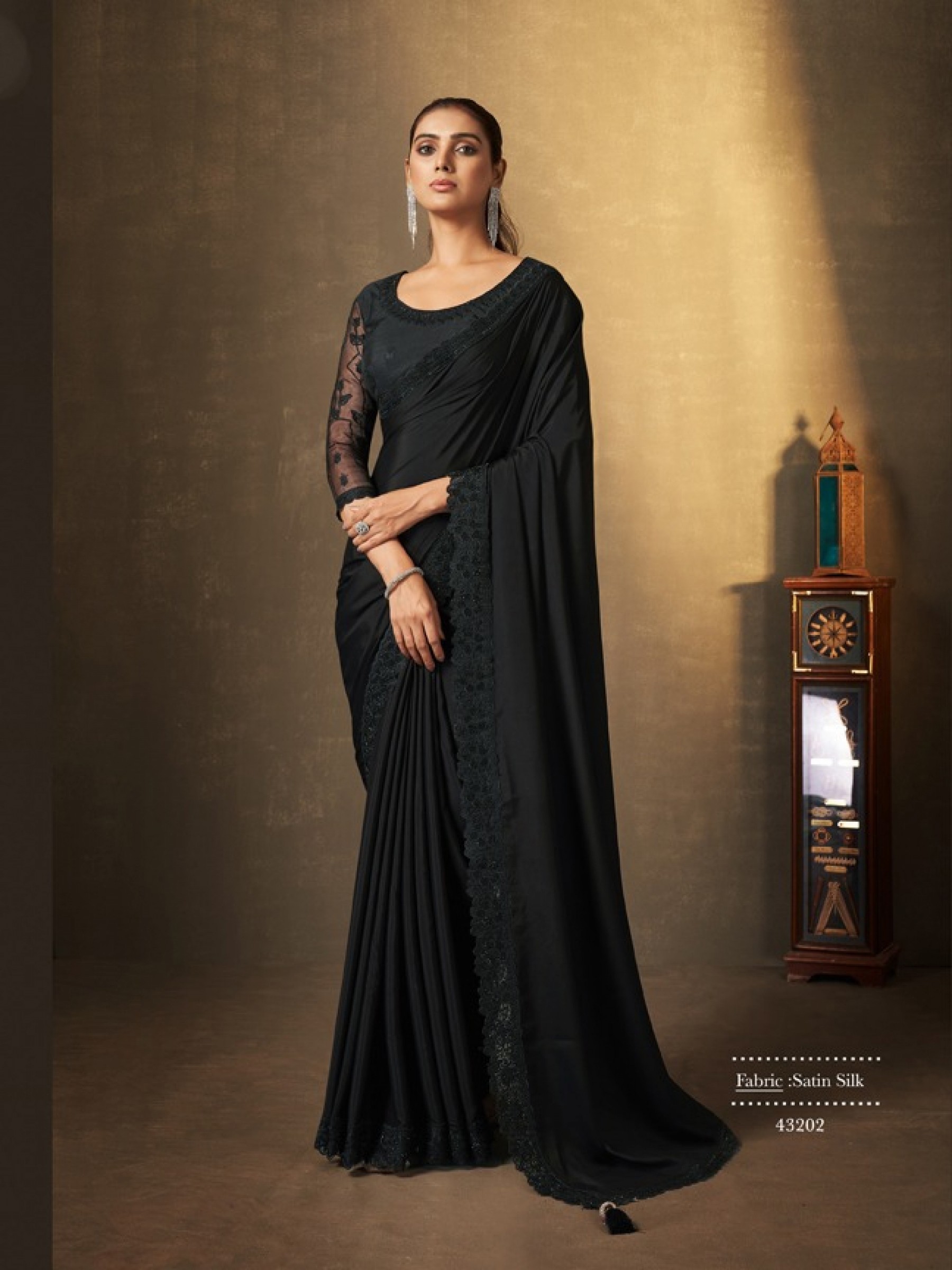 Silk Sateen Saree In Black Color With Embroidery Work