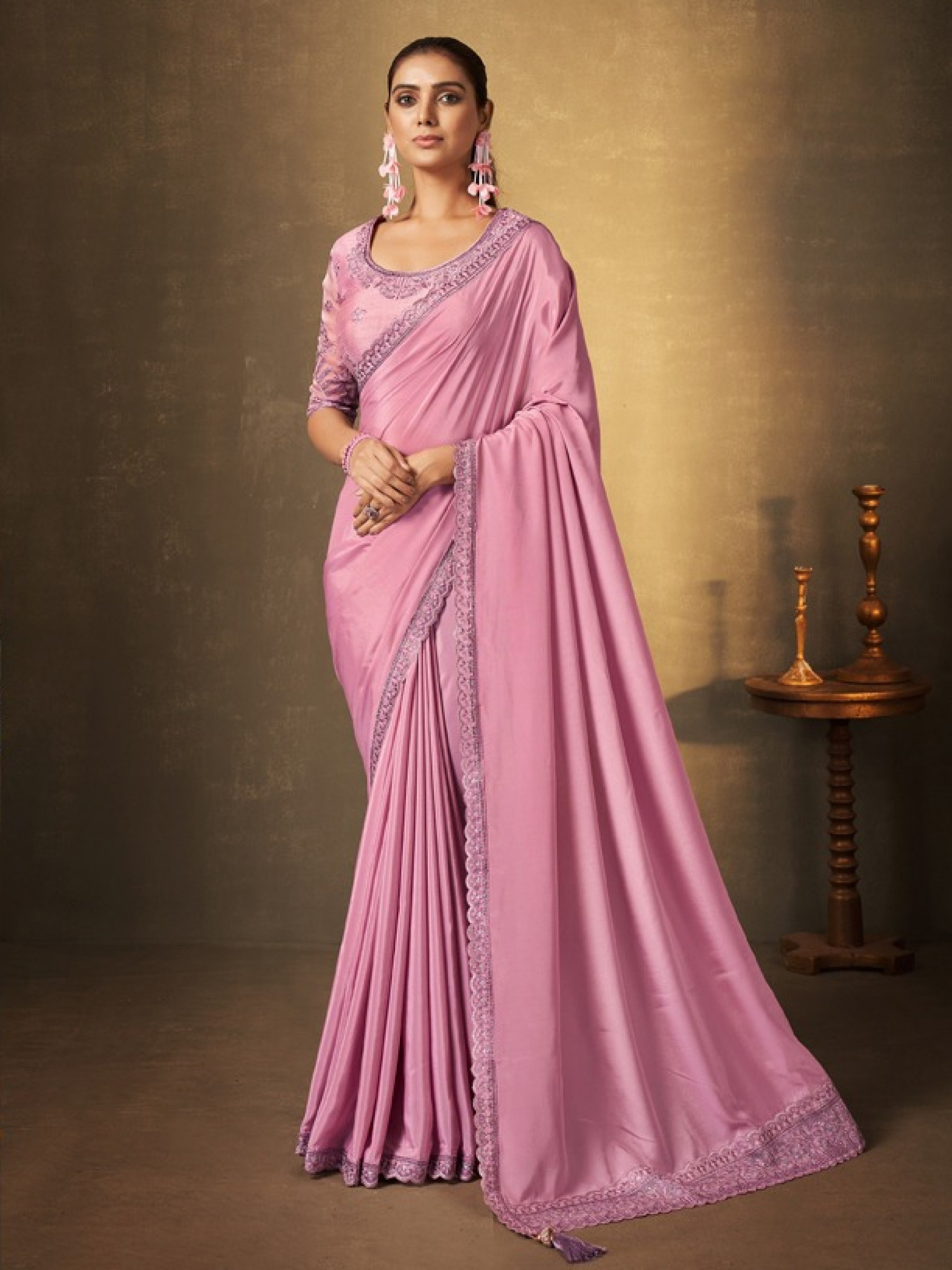 Silk Crape  Saree In Pink Color With Embroidery Work