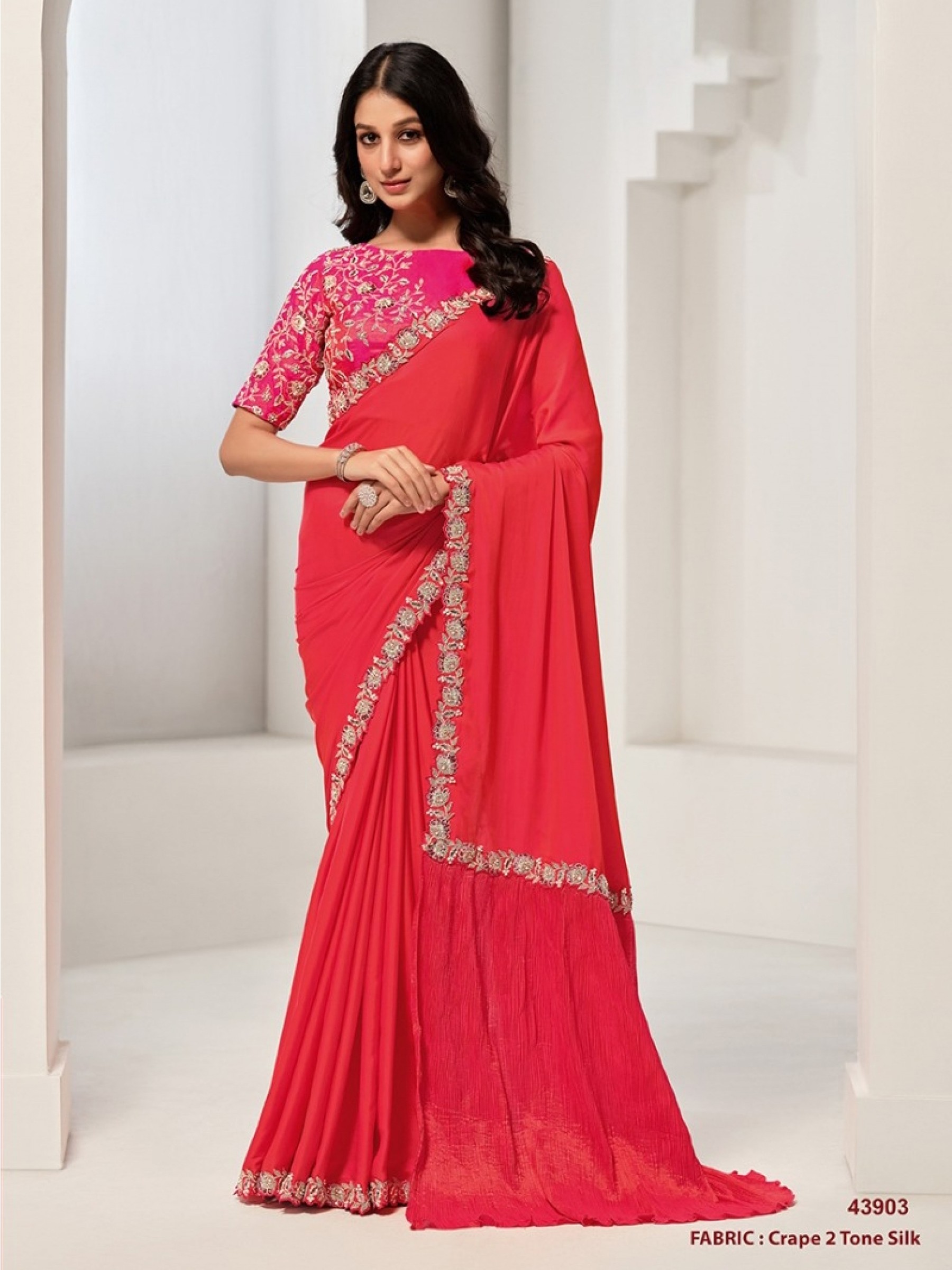 Crepe Silk Party wear Saree In Red Color with Hand Work 