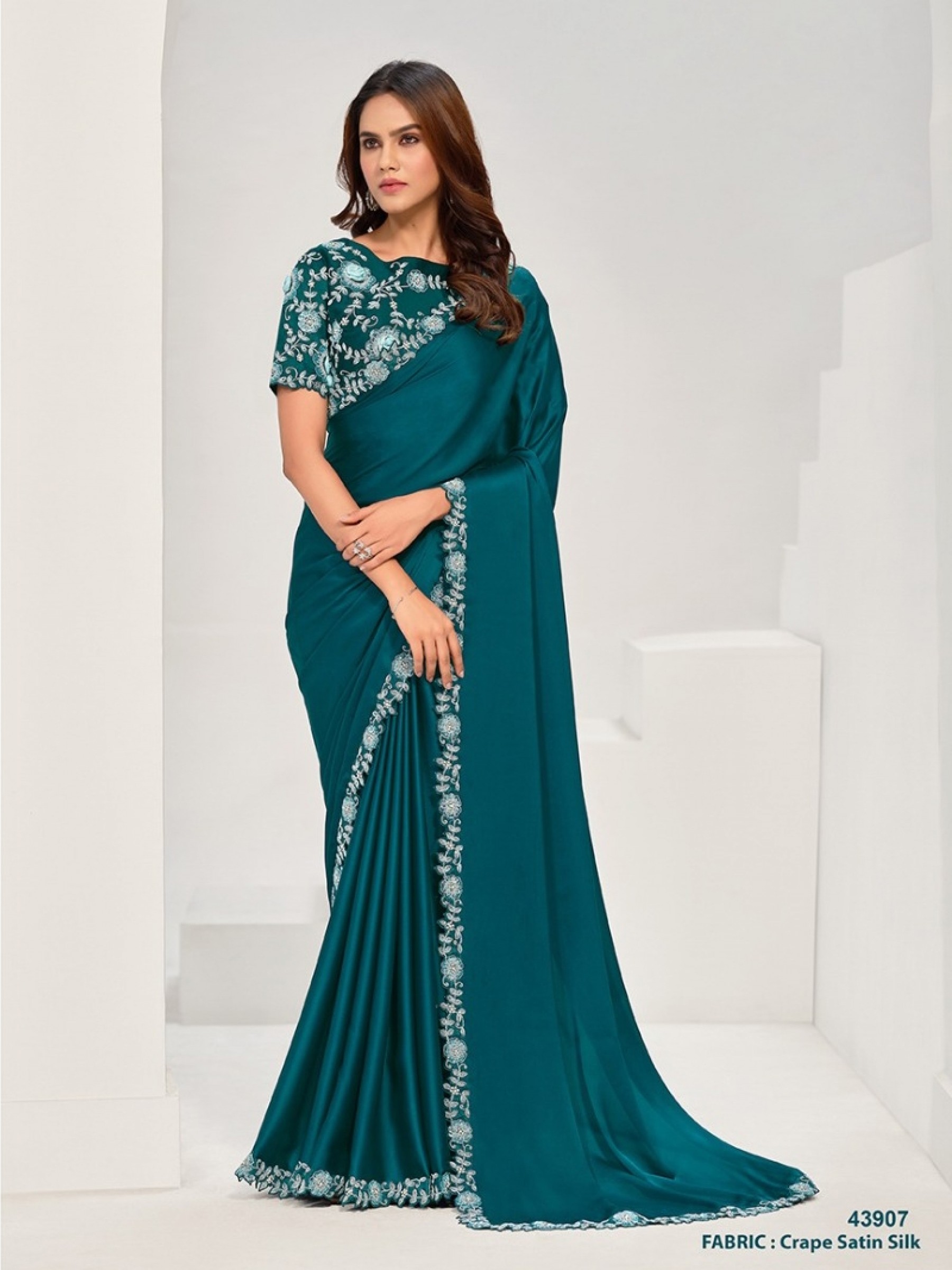 Crepe Silk Party wear Saree In Teal Blue Color with Sequence Work 