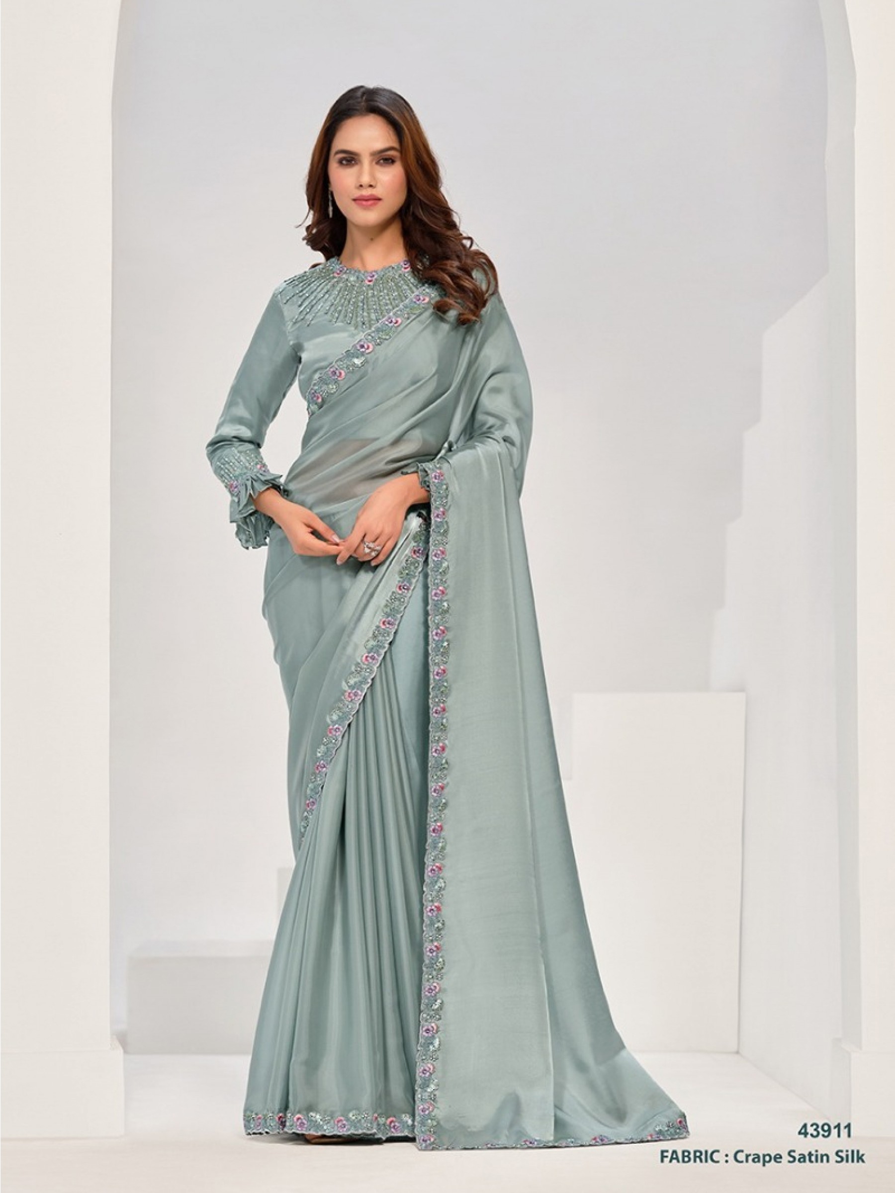 Crepe Silk Party wear Saree In Grey Color with Hand Work 