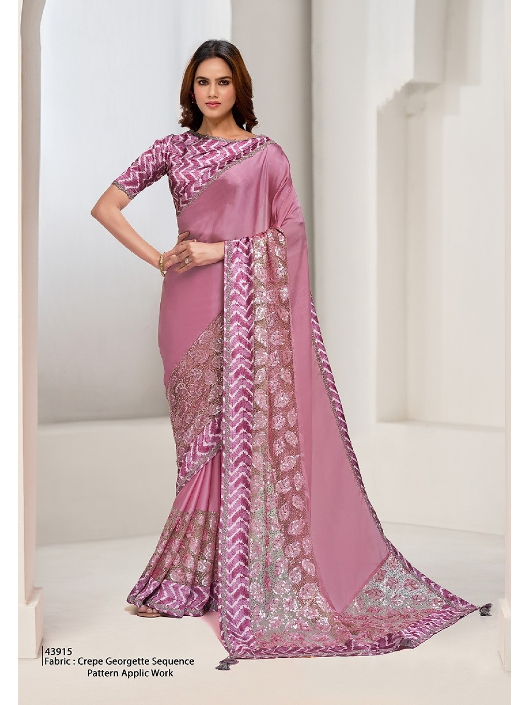 Crepe Georgette Silk Party wear Saree In Pink Color with Sequence Work 