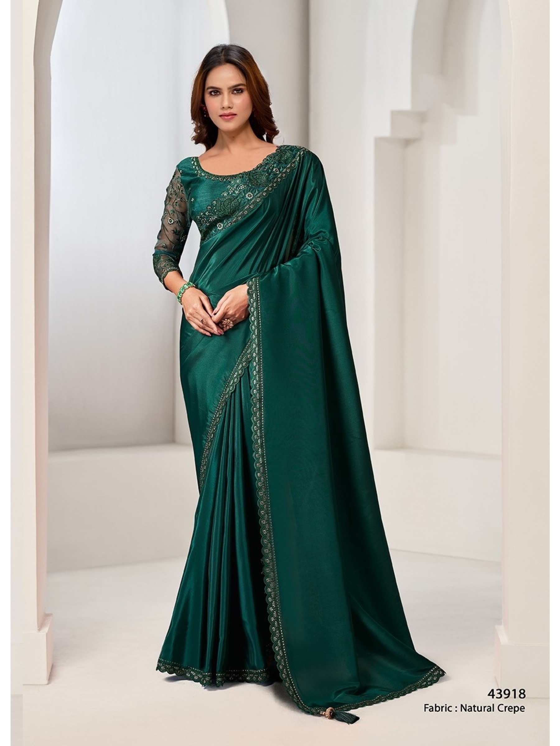 Crepe Georgette Silk Party wear Saree In Green Color with Embroidery work  