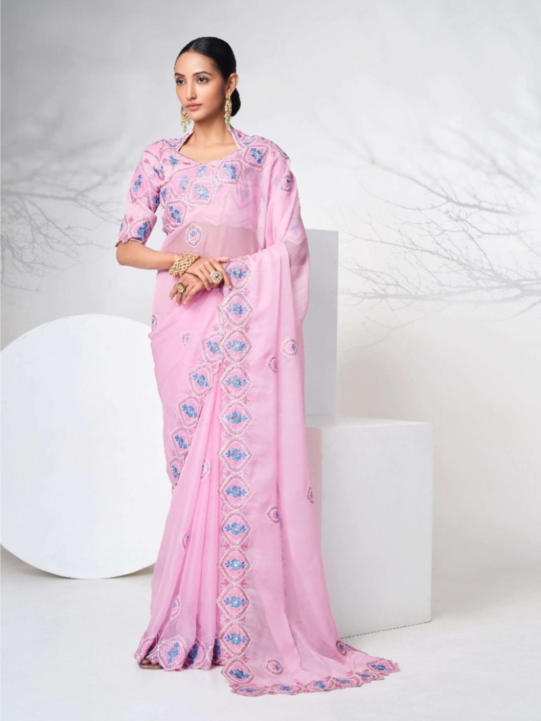 Organza silk  Saree Pink Color With Embroidery Work
