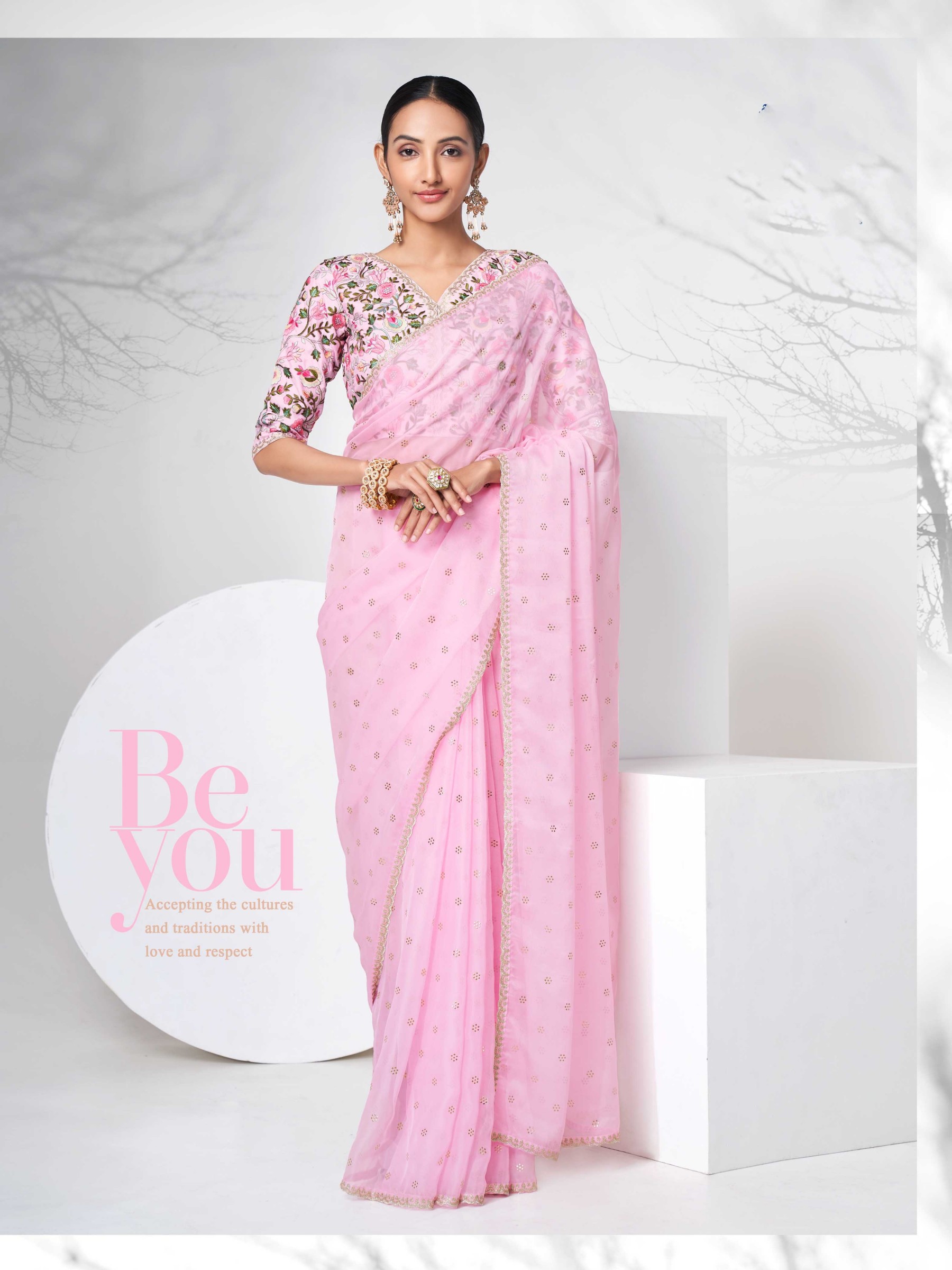 Organza silk  Saree Pink Color With Embroidery Work