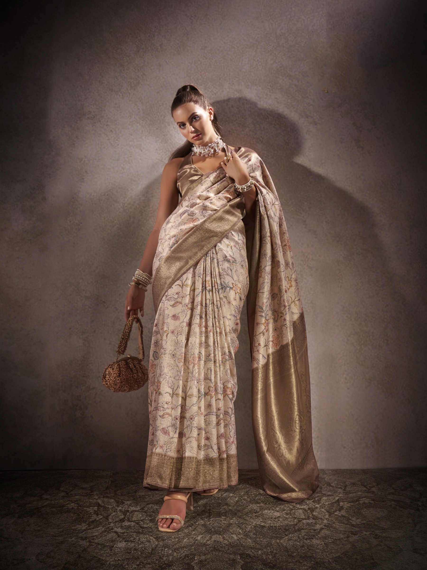 Pure Silk Party wear Saree In Beige Color 