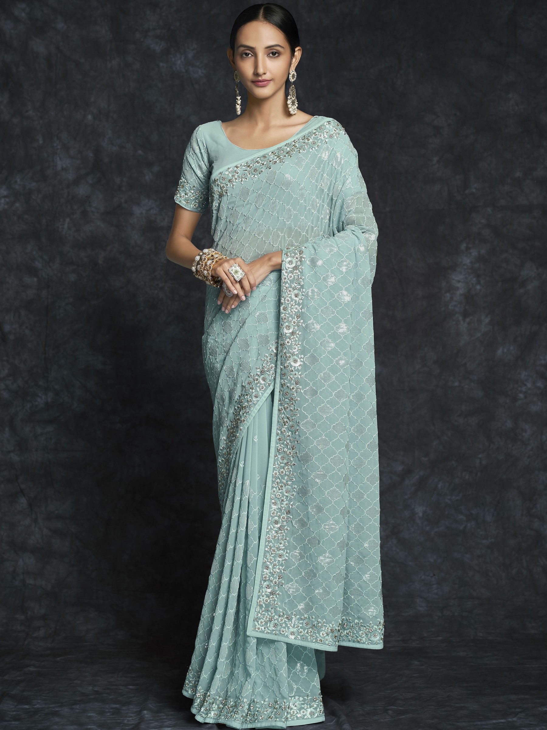 Soft Georgette  Saree In Blue Color With Embroidery Work