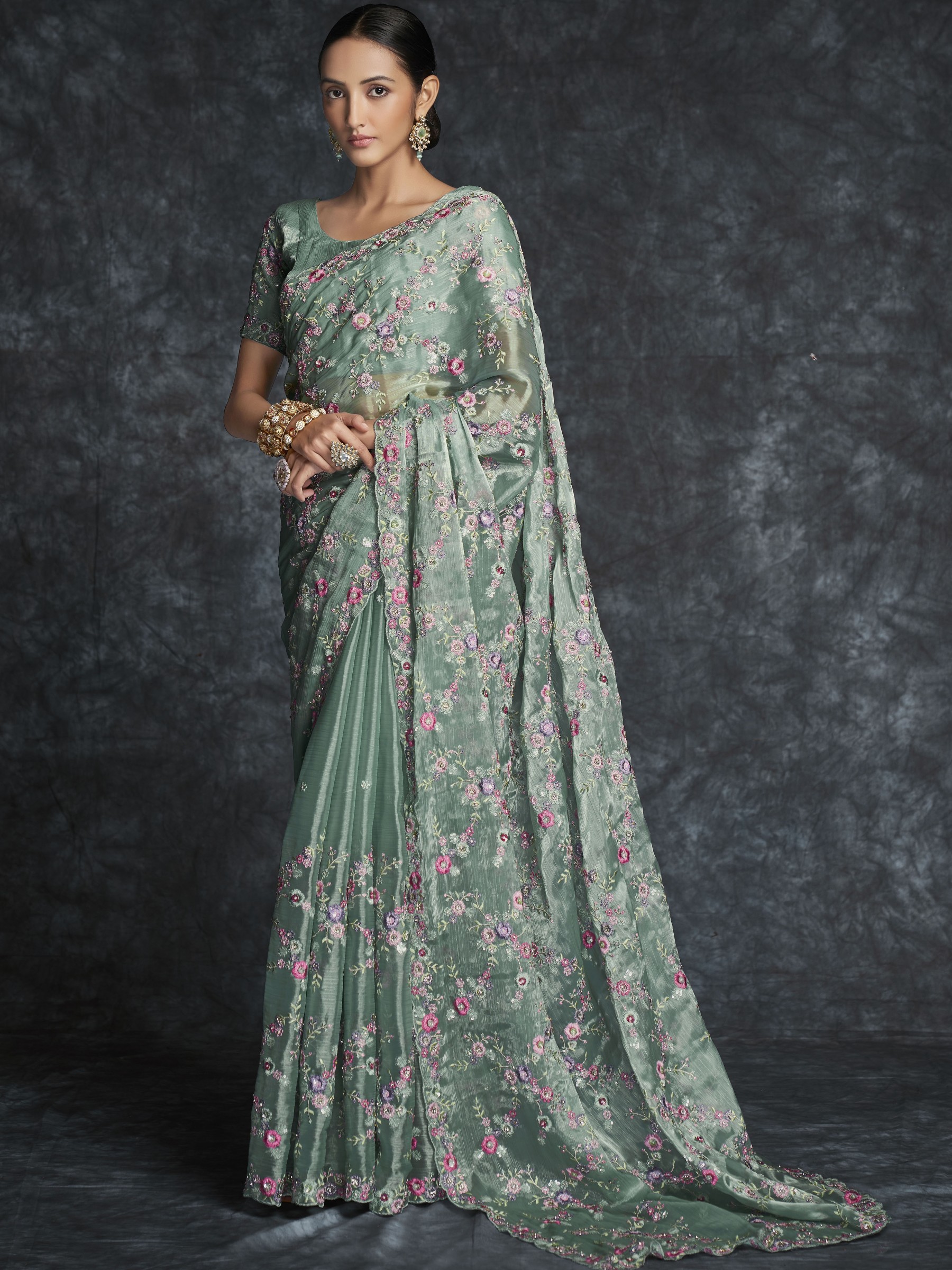 Organza Saree In Sea Green Color With Embroidery Work